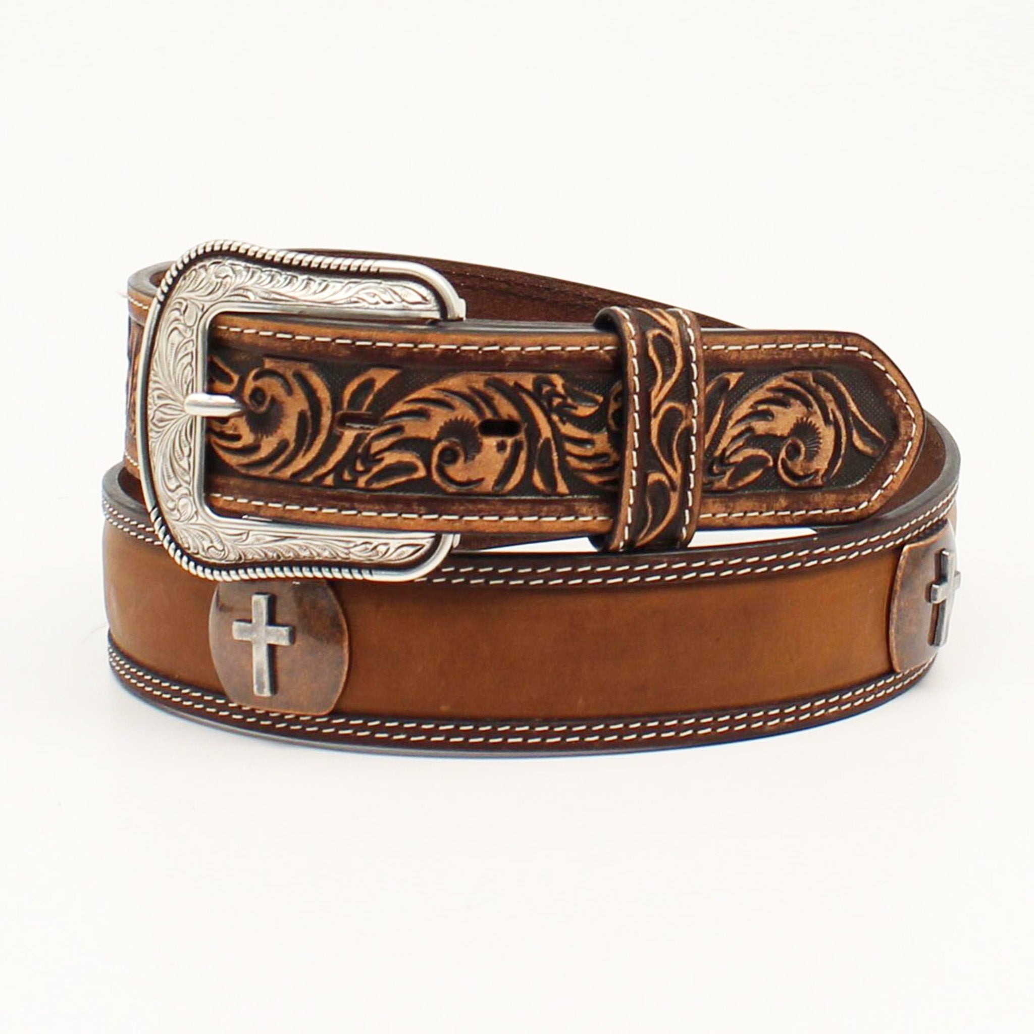 3D Men's Floral Tooled Leather Cross Concho Belt - Western Style Cowboy Accessory for Rodeo, Country Music Festivals & Casual Wear