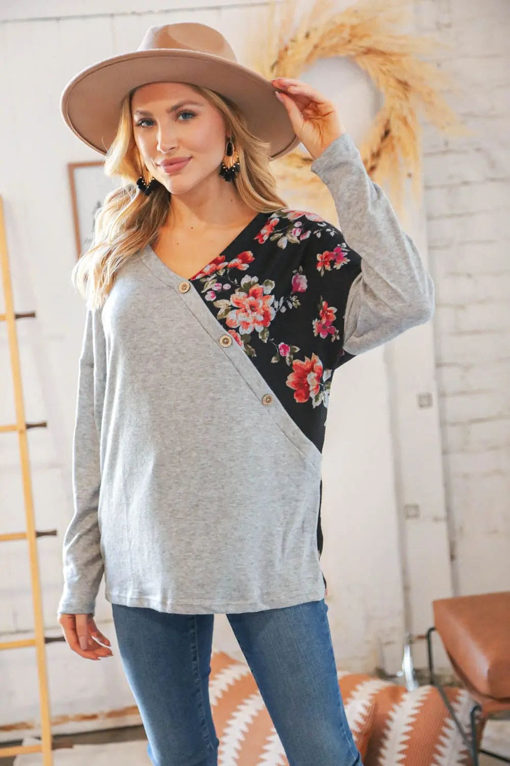 Elegant Grey & Black Floral Surplice Button Knit Top for Women - Casual Chic Blouse for Office, Date Night & Spring Outfits