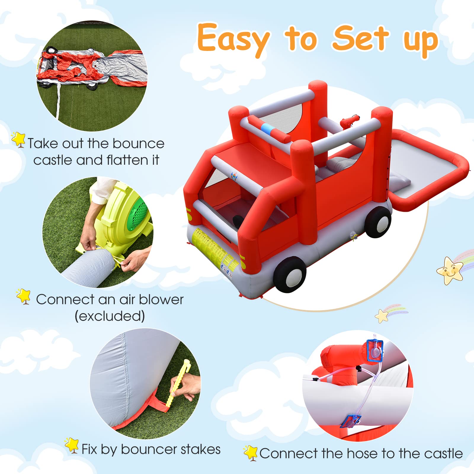 **BOUNTECH Inflatable Water Bounce House - Fire Truck Water Park Bouncy Castle with Slide & Splash Pool, Wet & Dry Combo for Kids Outdoor Play - Perfect for Backyard Birthday Parties, Summer Fun, Boys & Girls Ages 3-12**    *(Use Case: Ideal for backyard parties, summer gatherings, kids' outdoor play, and birthday celebrations!)*