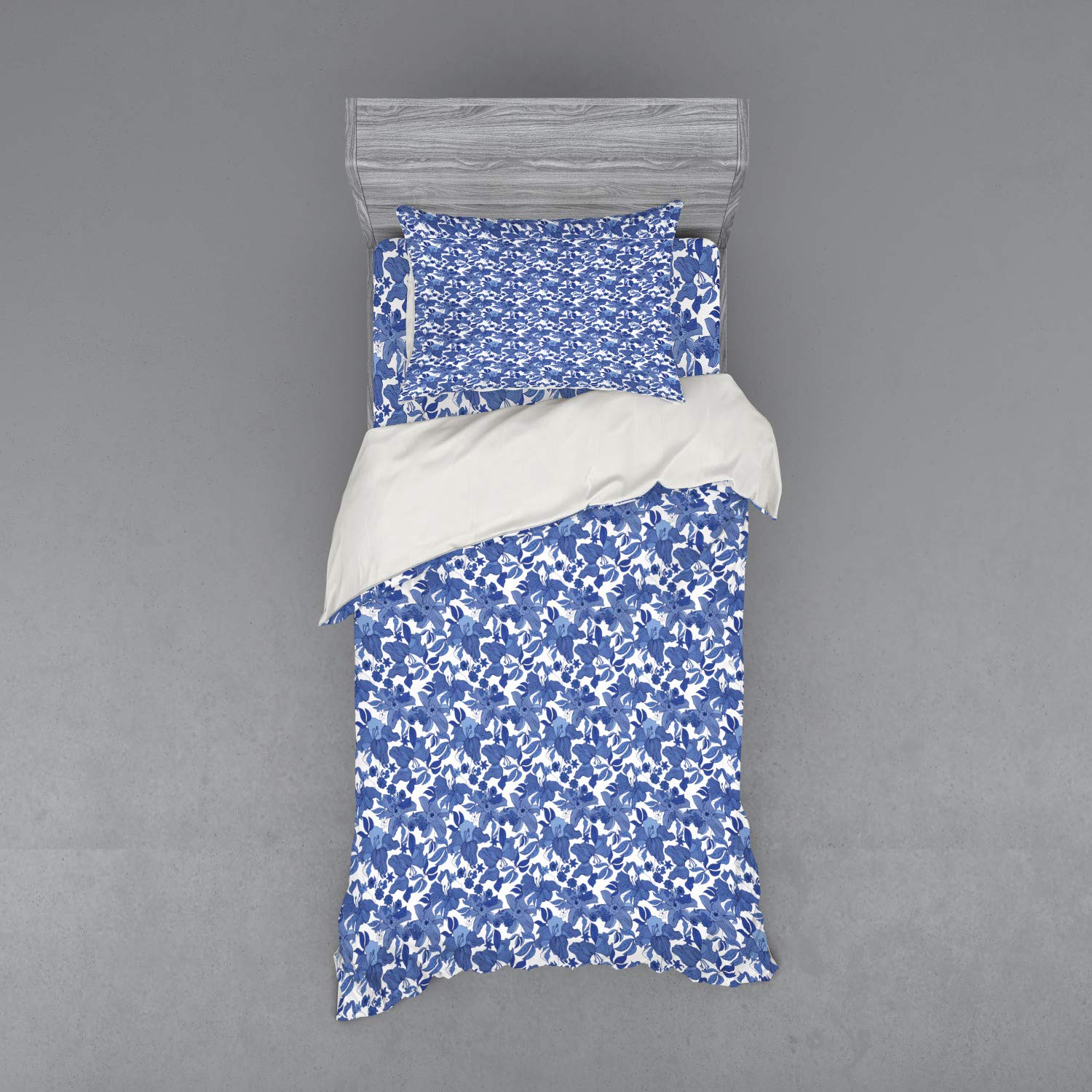 Ambesonne Floral Bedding Set - 3 Piece Duvet Cover with Sham & Fitted Sheet, Twin Size, Blue Tone Spring Flowers Design, Persian Blue & Azure Blue - Perfect for Spring Bedroom Decor & Guest Room Makeover
