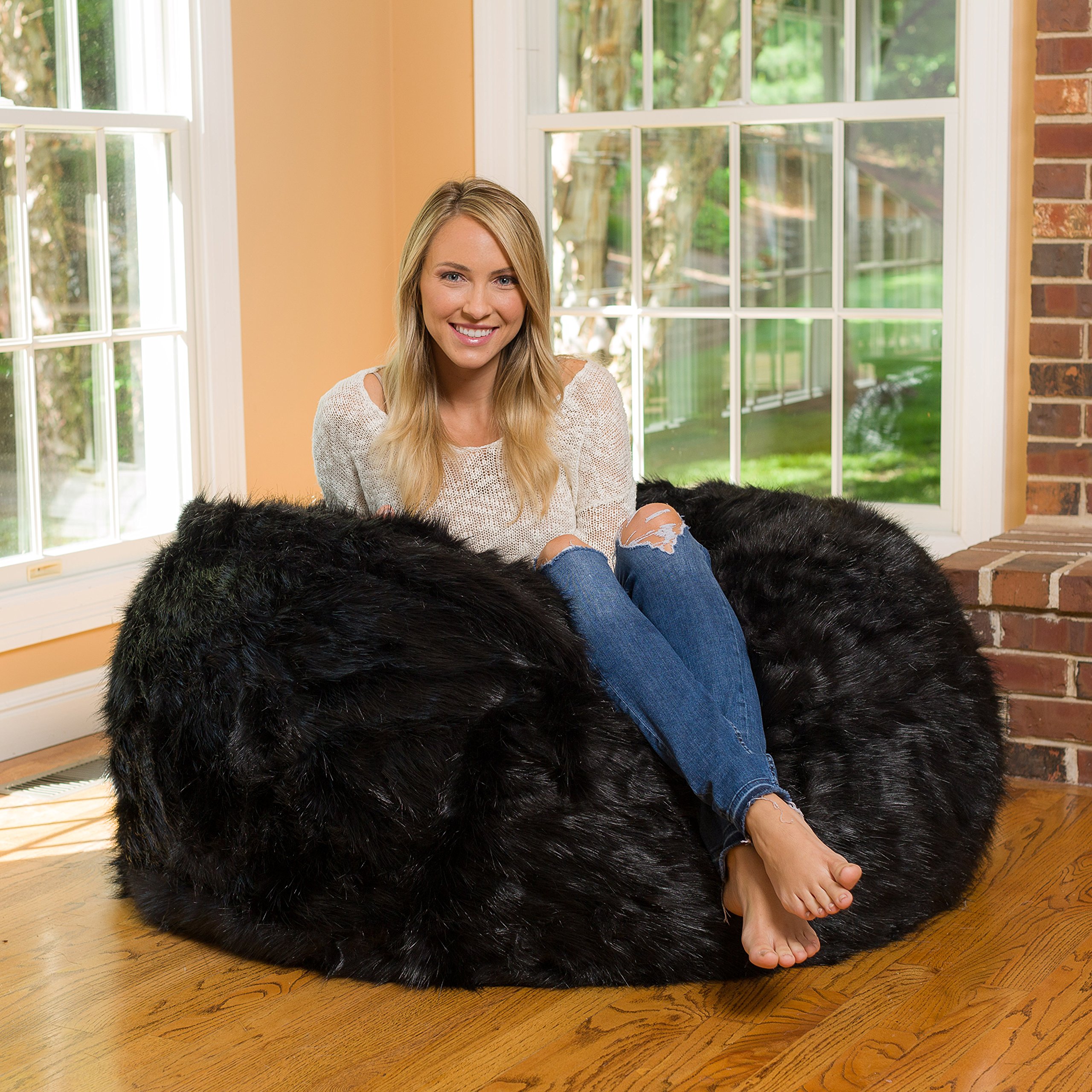 4 ft Memory Foam Bean Bag Chair - Ultra Soft Black Furry Lounger for Adults & Teens - Perfect for Gaming, Movie Nights & Dorm Room Relaxation
