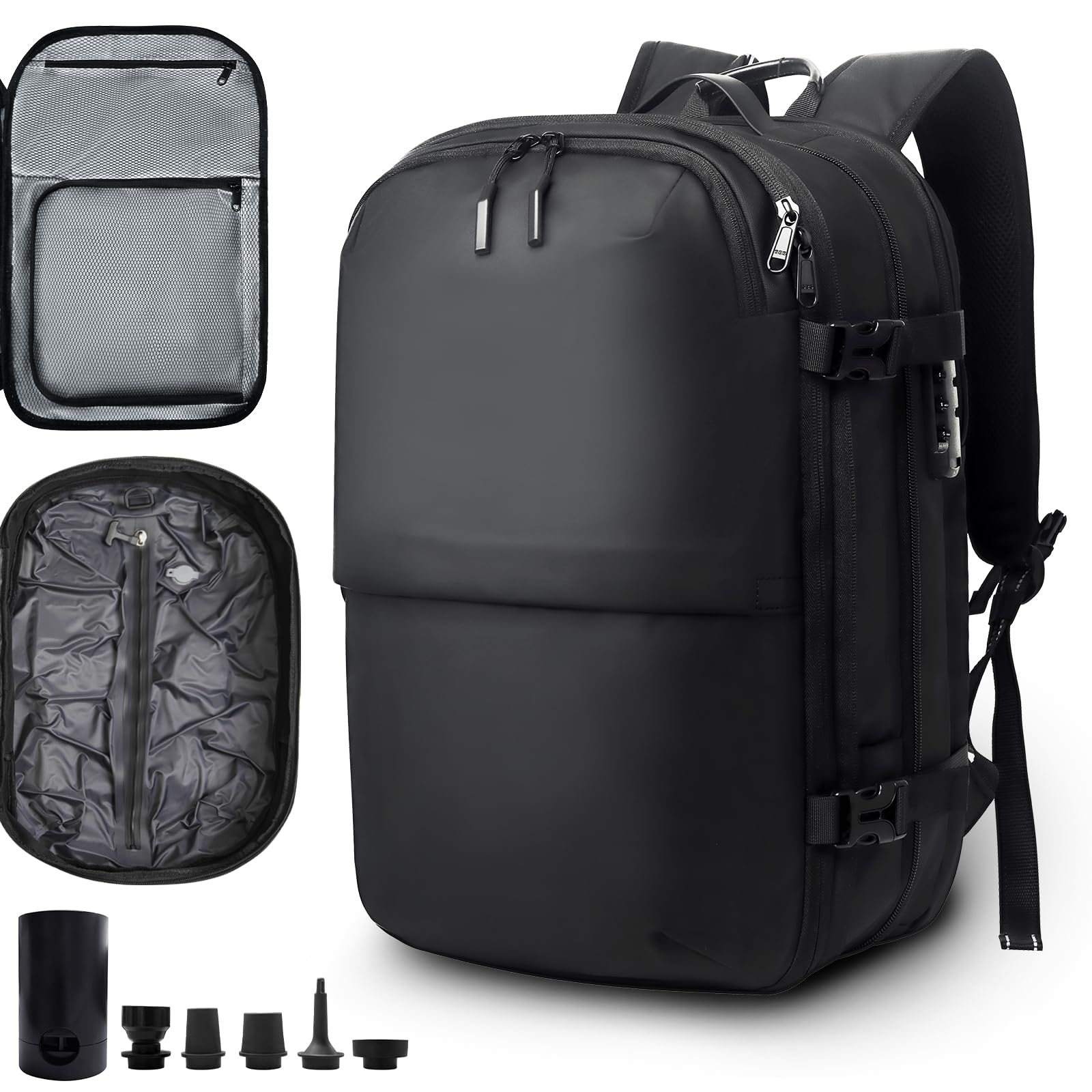 60L Expandable Air Vacuum Seal Travel Backpack with Pump - Water Resistant TSA Lock Laptop Backpack for Camping, Hiking & Business Trips