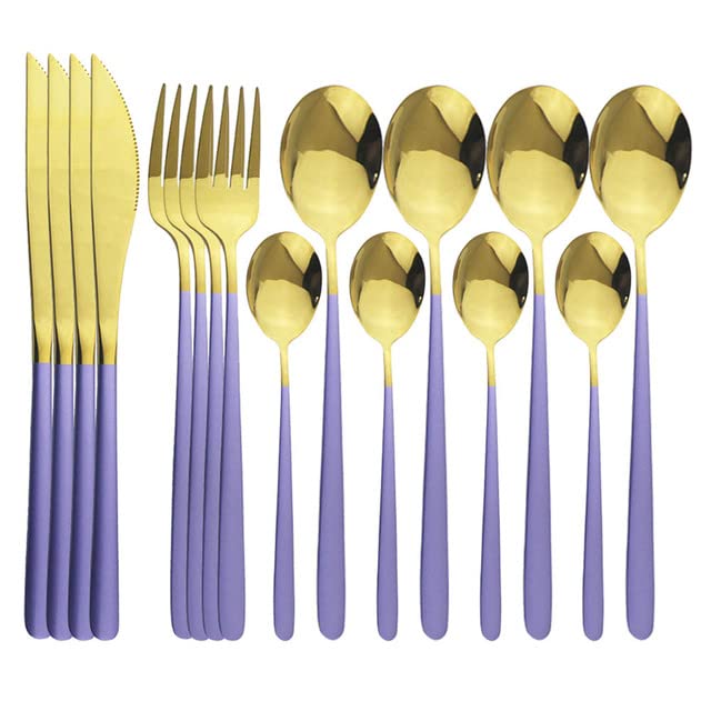 Premium 16-Piece Stainless Steel Flatware Set - 304 Grade Silverware with Green Gold Finish (Knives, Forks, Spoons) - Elegant Dinnerware for Formal Dining, Wedding Gifts & Home Kitchen Essentials (Purple Gold Option)