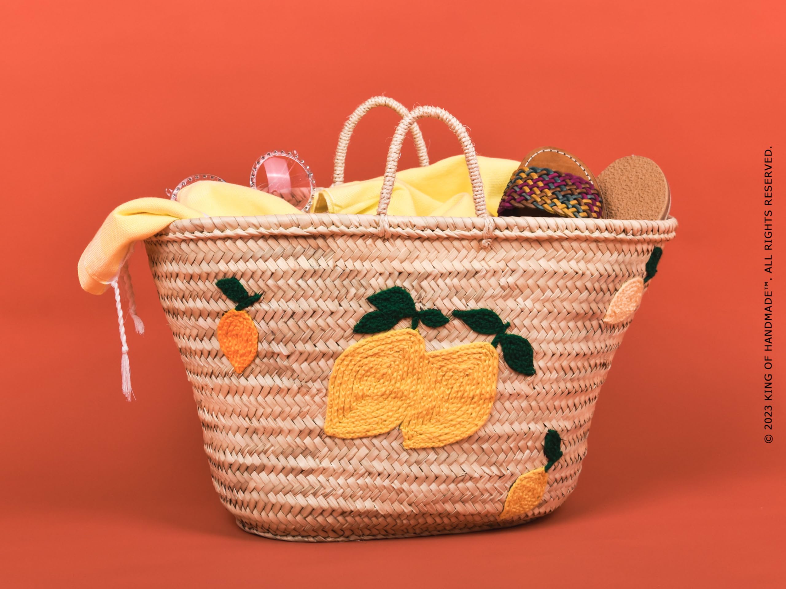 Italian-Inspired Lemon Print Woven Straw Beach Tote Bag for Women - Large Summer Vacation Beach Bag with Vibrant Colors - Perfect for Beach Trips, Poolside Lounging, and Outdoor Picnics
