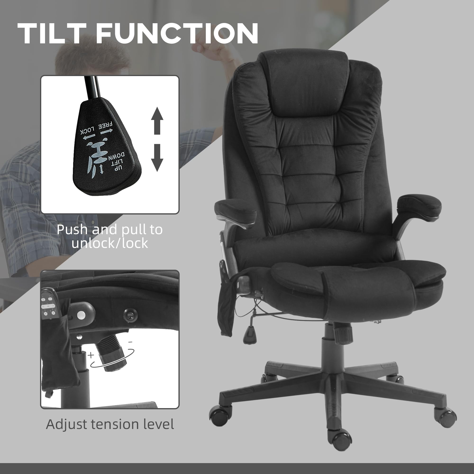 HOMCOM 6-Point Vibrating Massage Office Chair with Heating - High Back Executive Chair with Reclining Function, Padded Armrests & Remote Control - Velvet Upholstered Ergonomic Desk Chair for Home Office, Gaming & Relaxation - Black
