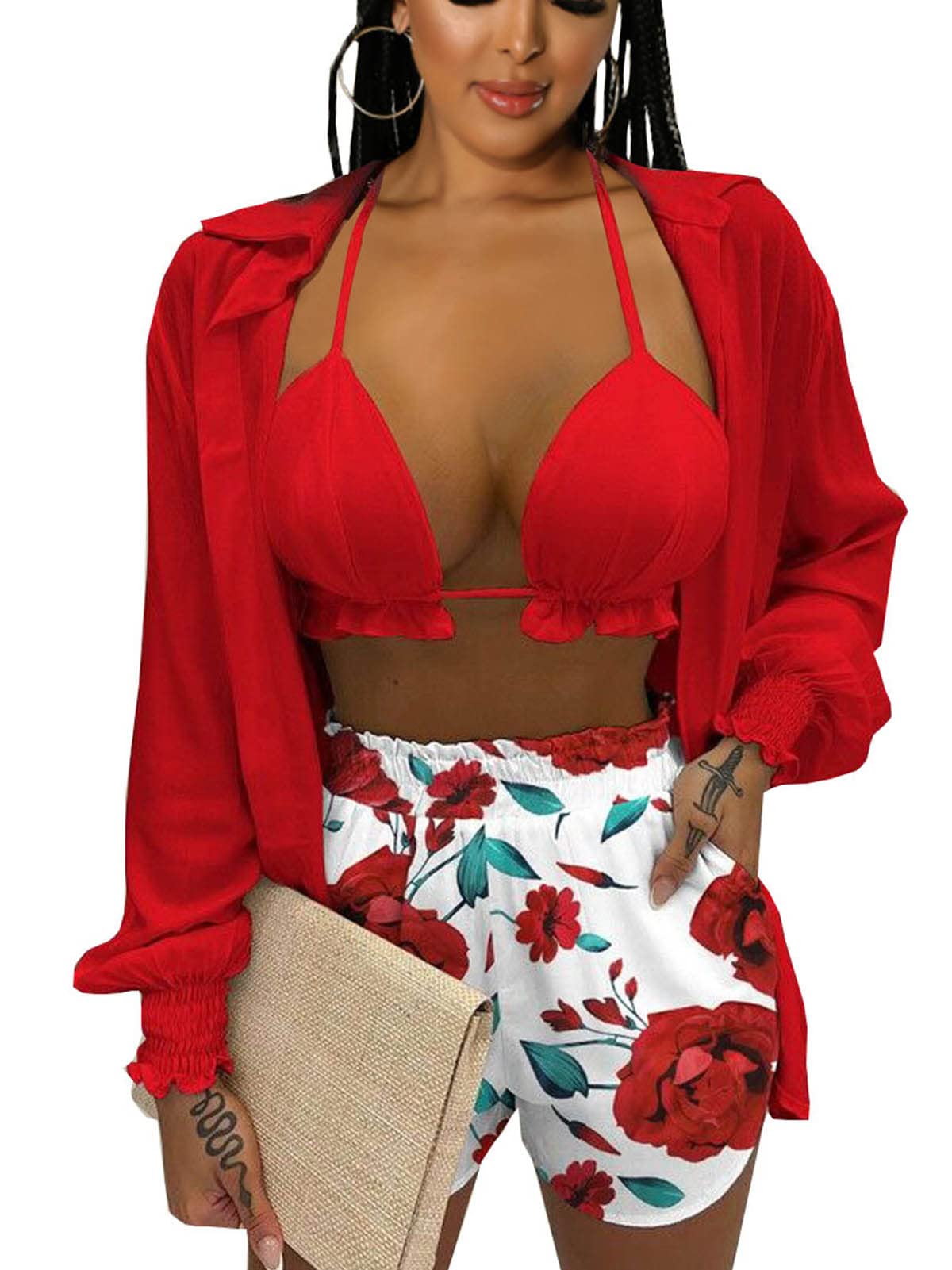 Women's Hawaiian 3-Piece Outfit Set - Floral Print Blouse, Casual Mini Shorts & Tank Top | Summer Beachwear for Vacation, Pool Party & Tropical Getaway
