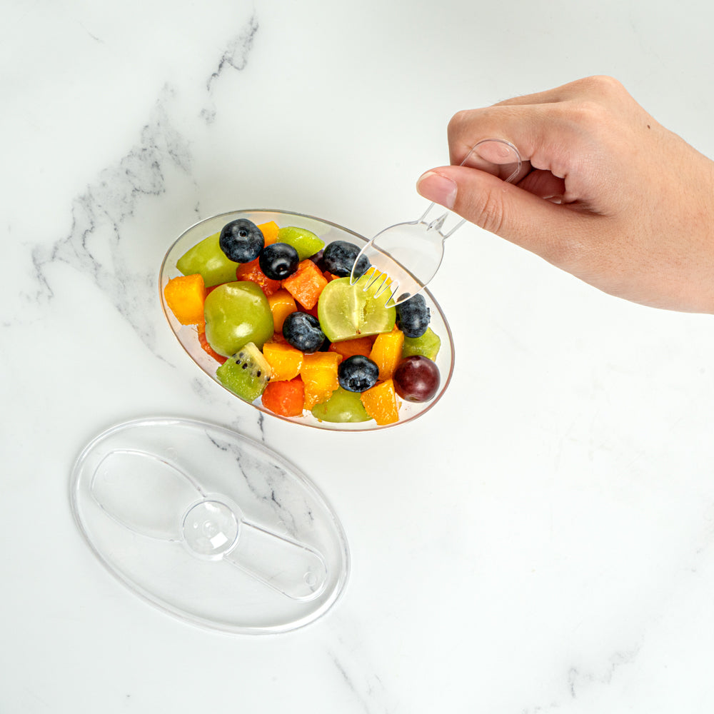 4 oz Oval Clear Plastic Deli Containers with Spork in Lid - 4.5