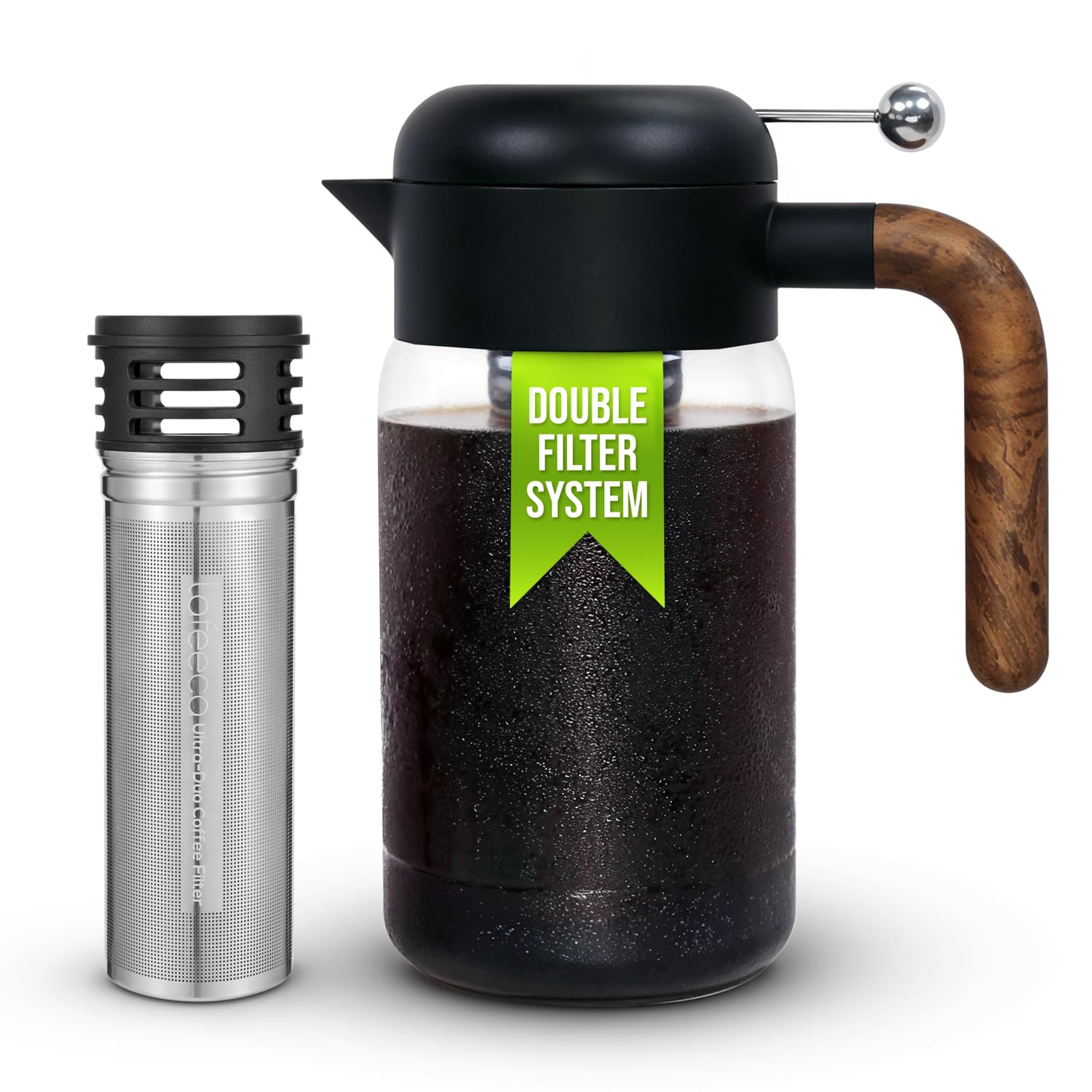 Premium Cold Brew Coffee Maker & Iced Tea Brewer - 1500ml/51oz Stainless Steel Dual Filter System with Airtight Tritan Pitcher (Black) - Perfect for Home, Office & Outdoor Use
