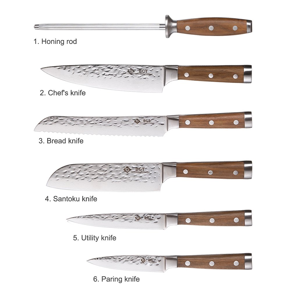 Premium 6-Piece Japanese Damascus Steel Knife Set - 67-Layer VG-10 Super Sharp Kitchen Knives with Teak Handle & Knife Roll Bag - Professional Hammered Chef Knives for Cooking, Slicing, Chopping - Perfect Gift for Home Chefs & Culinary Enthusiasts (Silver Blade)
