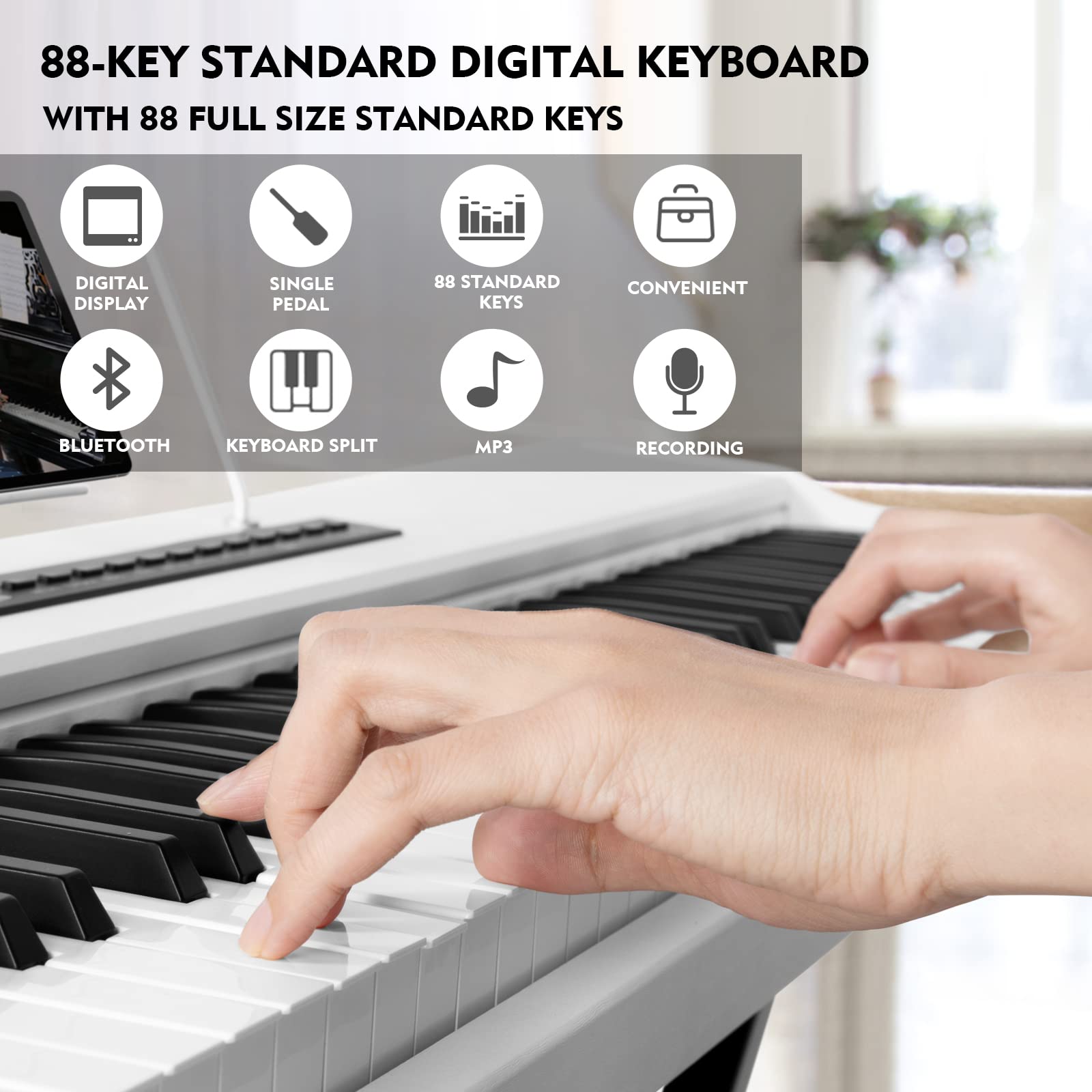 MUSTAR 88 Key Semi-Weighted Digital Piano for Beginners - Full Size Electric Keyboard with Stand, Built-in Speakers & Sustain Pedal (White) - Perfect for Home Practice, Music Lessons & Studio Recording
