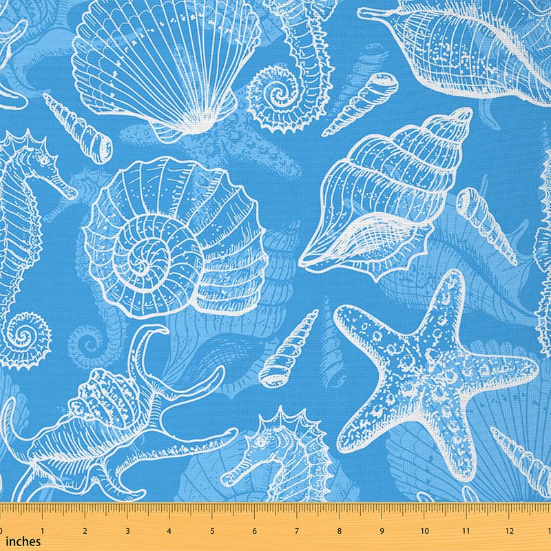 Premium Upholstery Fabric - Blue Sea Shells & Starfish Beach Design by The Yard | Ocean-Themed Decorative Fabric for Chairs, Sofas & DIY Home Projects | Perfect for Coastal Decor, Outdoor Furniture & Crafting
