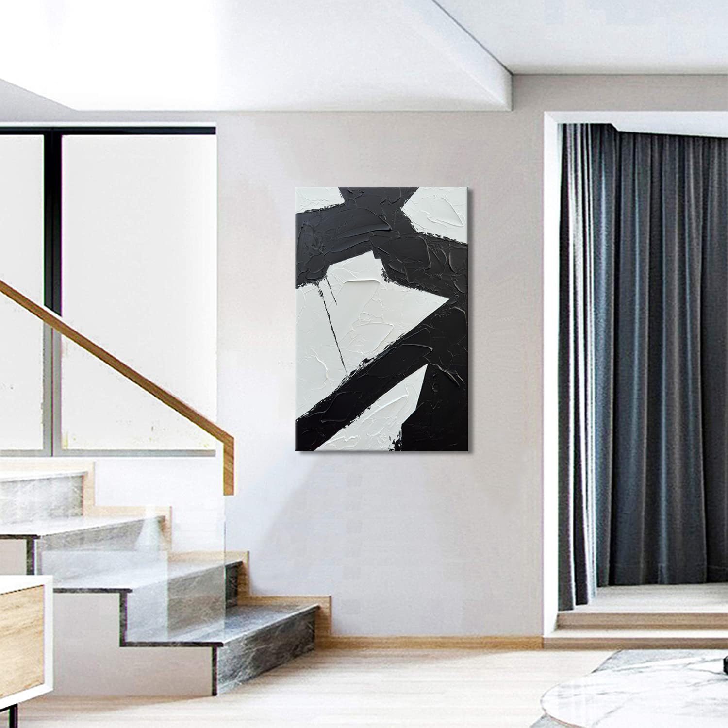 Zoinart Hand Painted Black & White Abstract Wall Art - 24x36 Inch Modern Oil Painting with Vertical Texture, Contemporary Minimalist Home Decor for Living Room, Bedroom & Office
