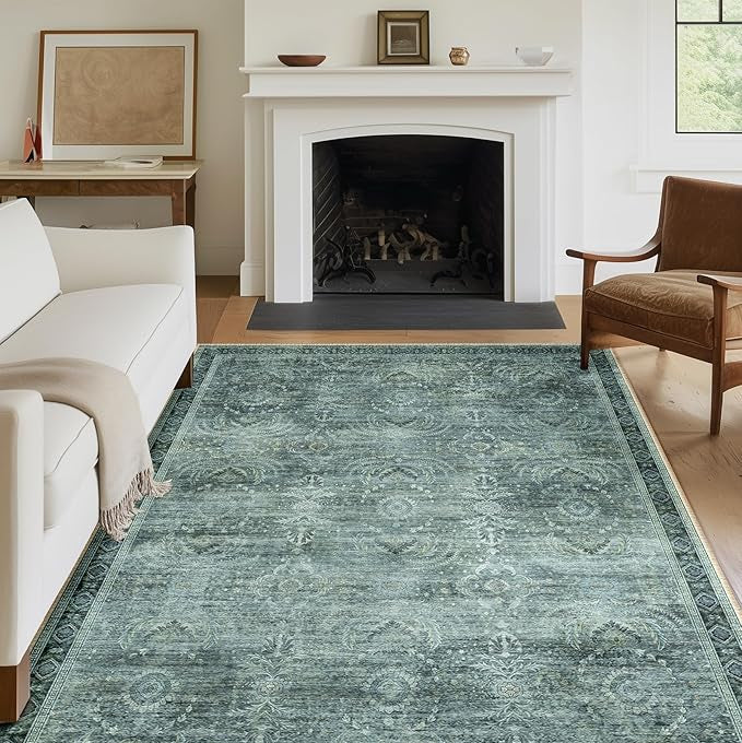 Regal Custom Distressed Vintage Washable Rug - Dark Green Multi-Color Printed Carpet Runner for Living Room, Bedroom & Hallway Decor