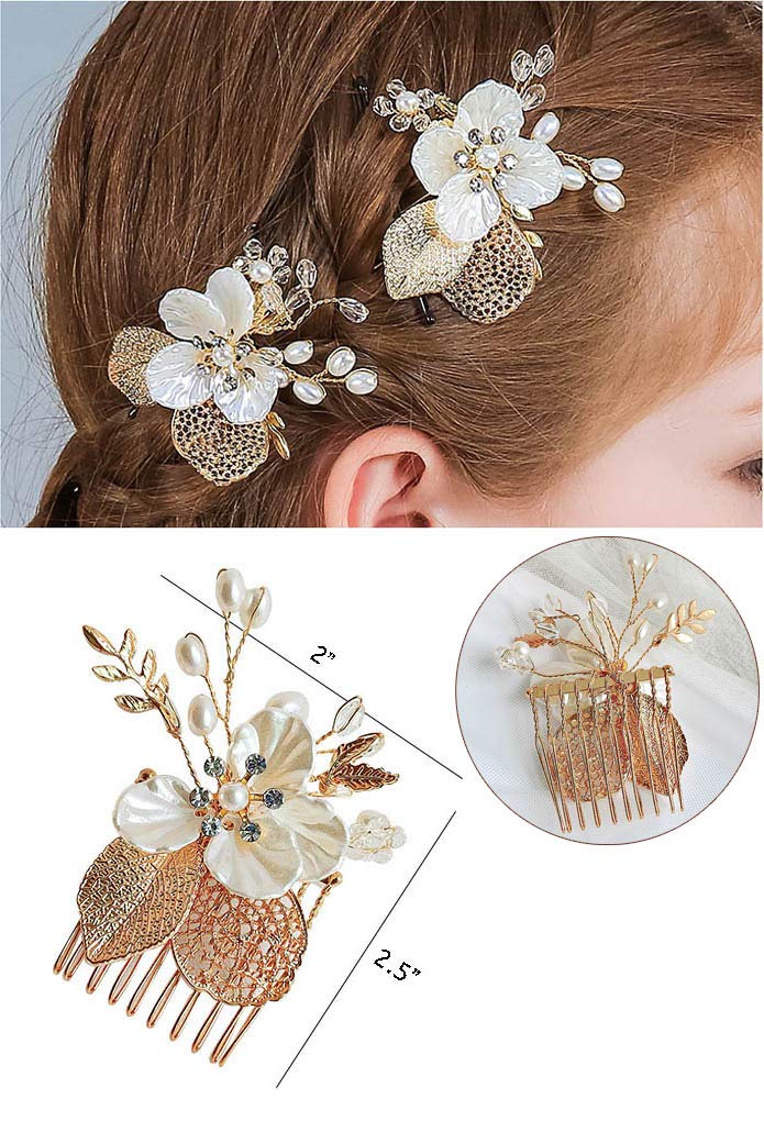 PRDGIRL Pearl Hair Clips for Wedding - Bridal Hair Accessories for Women & Girls (Pack of 2, Gold) - Perfect for Flower Girls & Brides