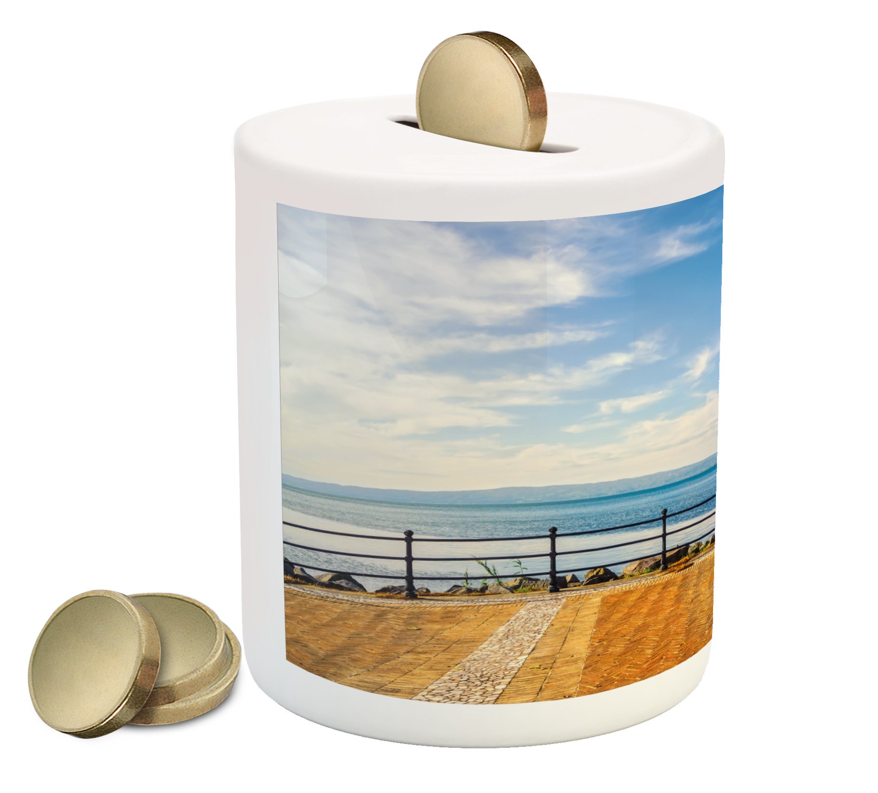 Ambesonne Italian Ceramic Piggy Bank with Bolsena Lake Terrace Print - Blue & Brown Coin Bank for Saving Money | Perfect for Home Decor, Kids' Savings & Gift Giving