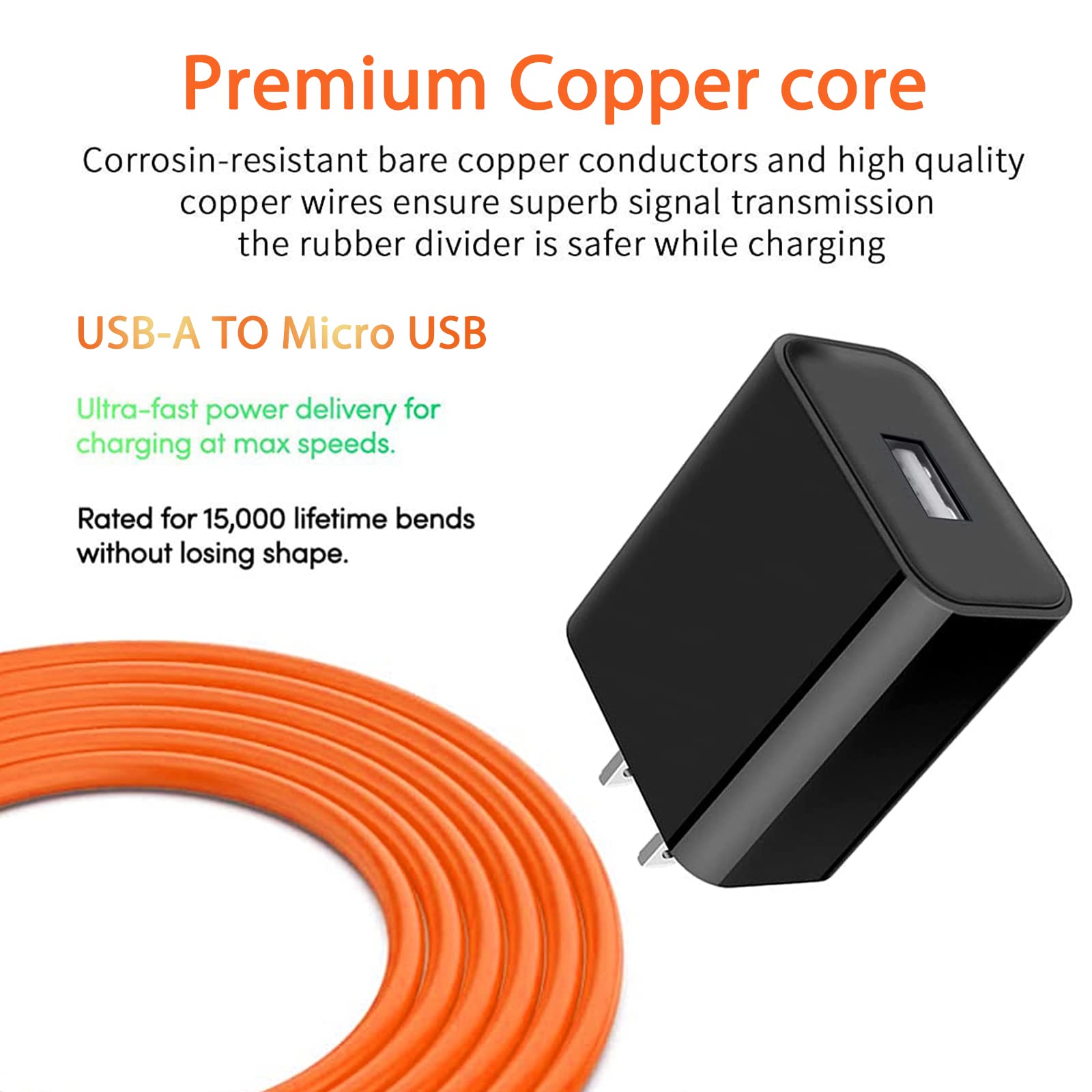 Fast Charging Cable Compatible with Ring Video Doorbell (2020) 2/3/3 Plus/4, Peephole Cam, Doorbell Pro - Replacement Power Cord for Camera Battery - Orange - Perfect for Home Security & Continuous Surveillance