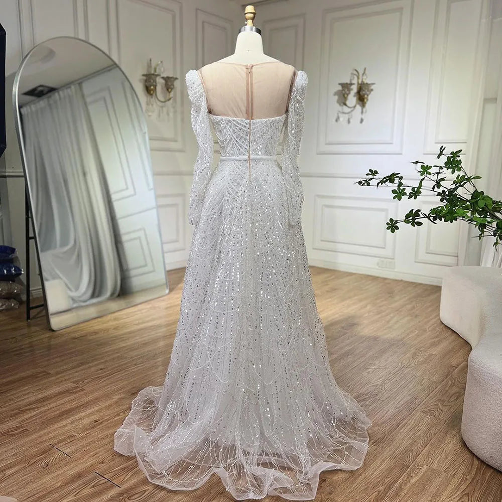 Elegant Dubai White A-Line Luxury Evening Dress with Pearl Beading - Long Sleeve Women's Gown for Weddings, Parties & Special Occasions | Perfect for Bridal Showers, Galas & Formal Events