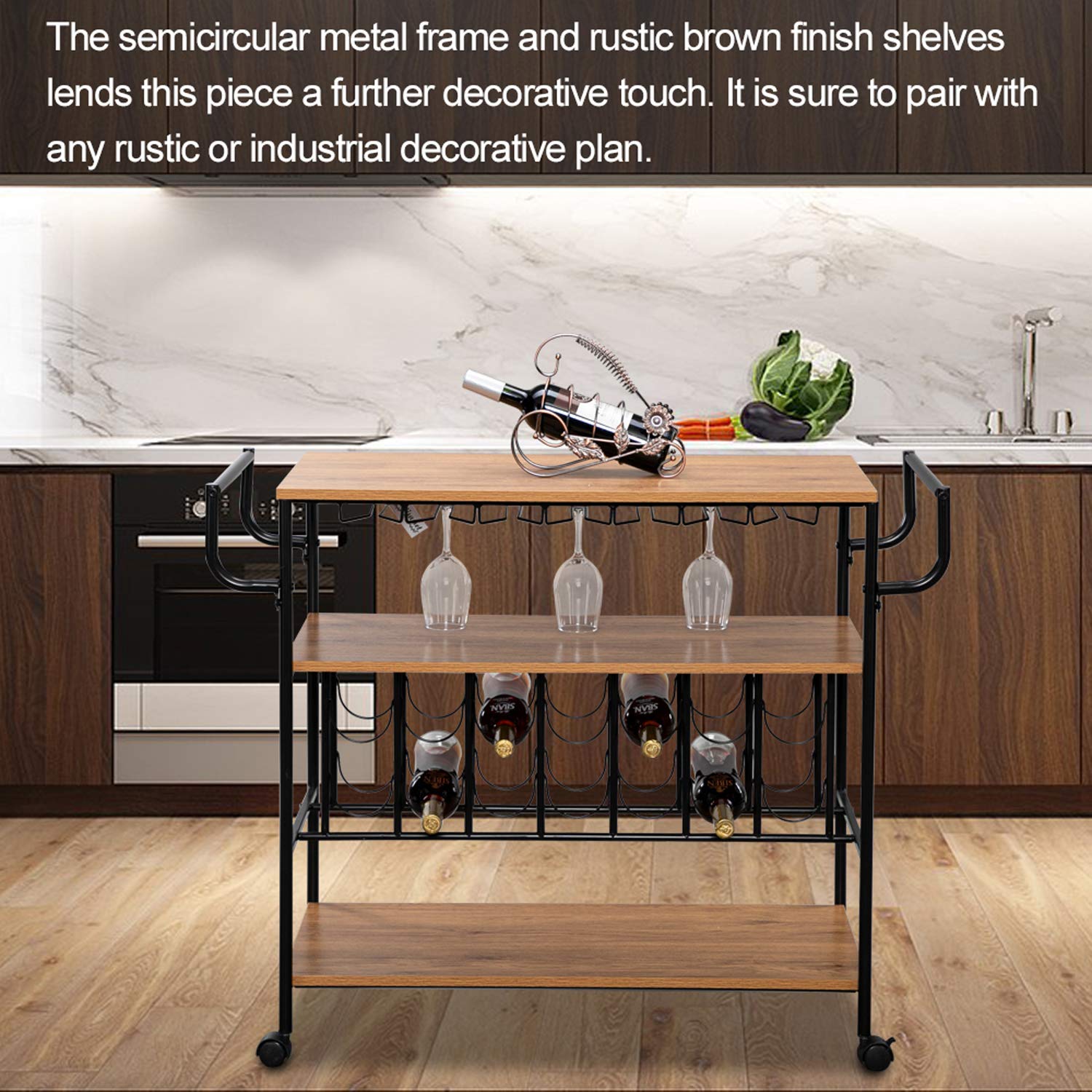 Industrial Wine Cart with Wine Rack & Glass Holder - Rolling Kitchen Bar Serving Cart with Locking Casters & Handle - Perfect for Home, Restaurant, or Party Use (Brown)