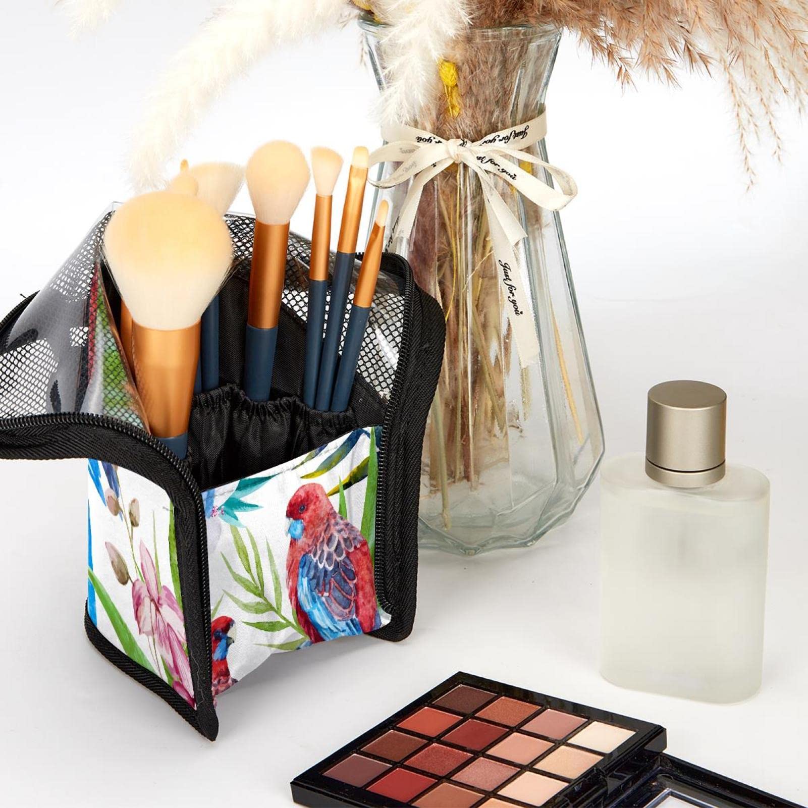 12-Piece Makeup Brush Organizer Bag with Parrot Tropical Flower Design - Portable Cosmetic Brush Holder Case for Travel, Home & Professional Makeup Artists