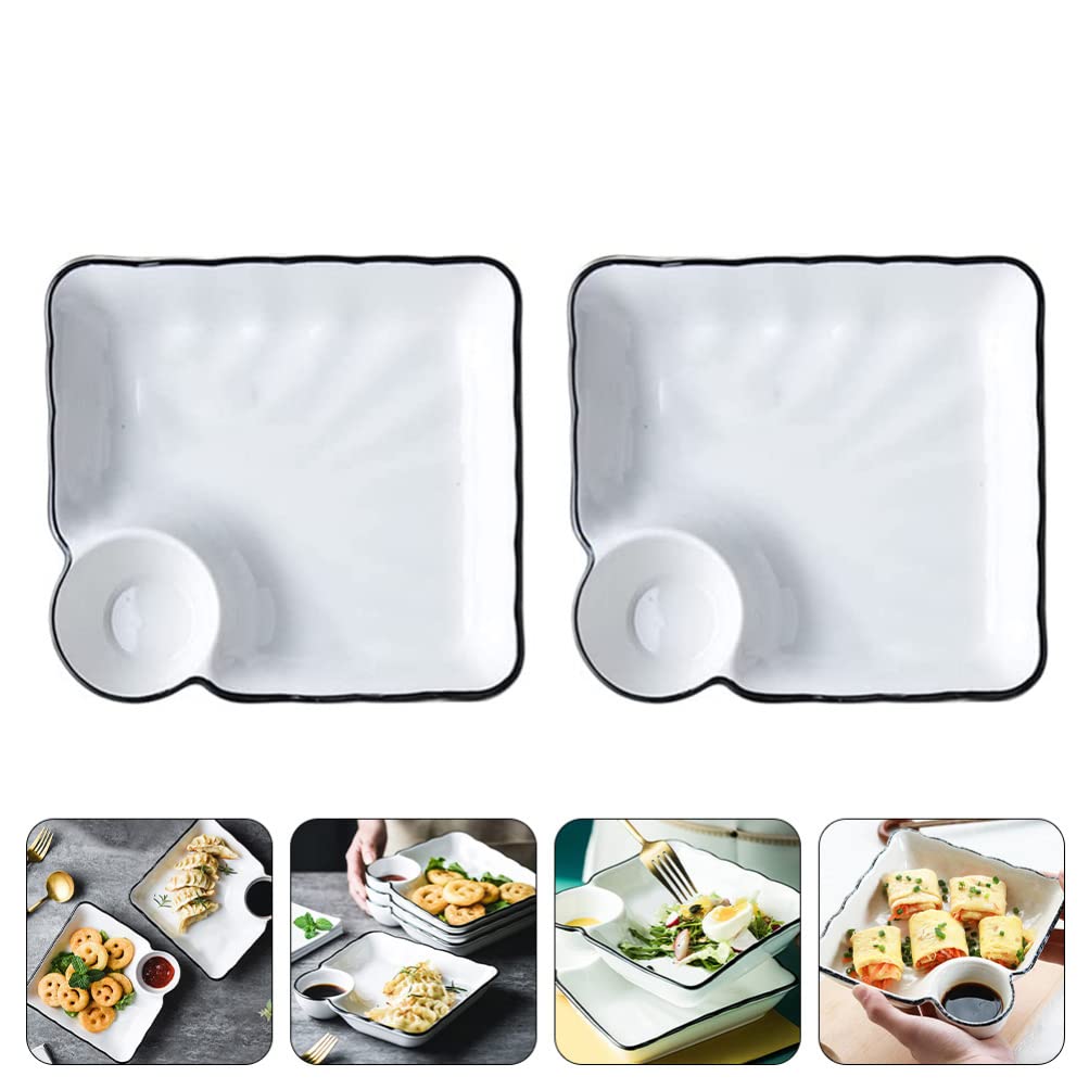 2-Piece Chip and Dip Serving Platter Set - Divided Party Trays with Snack Bowls for Entertaining, Wine & Dine Appetizer Plates - Reusable Dumpling Plate with Sauce Holder - Perfect for Buffet Parties, Game Nights & Family Gatherings (7.27x6.8 Inches)