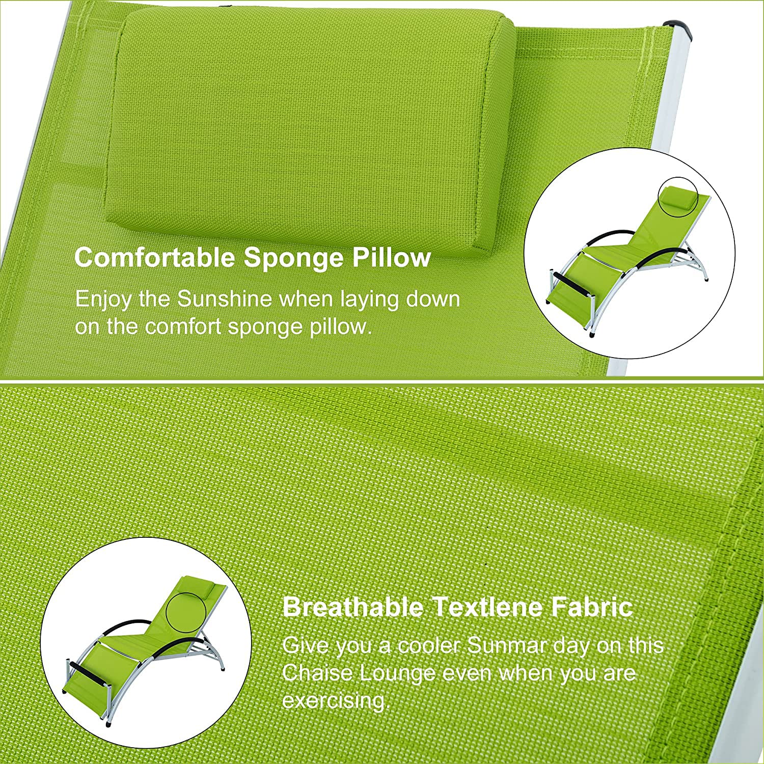 Sundale Outdoor Adjustable Patio Chaise Lounge Set of 2 - 6-Position Reclining Chairs for All-Weather Indoor/Outdoor Use - Perfect for Reading, Meditation, Sleeping & Exercising - Green Patio Furniture for Backyard, Poolside & Garden Relaxation