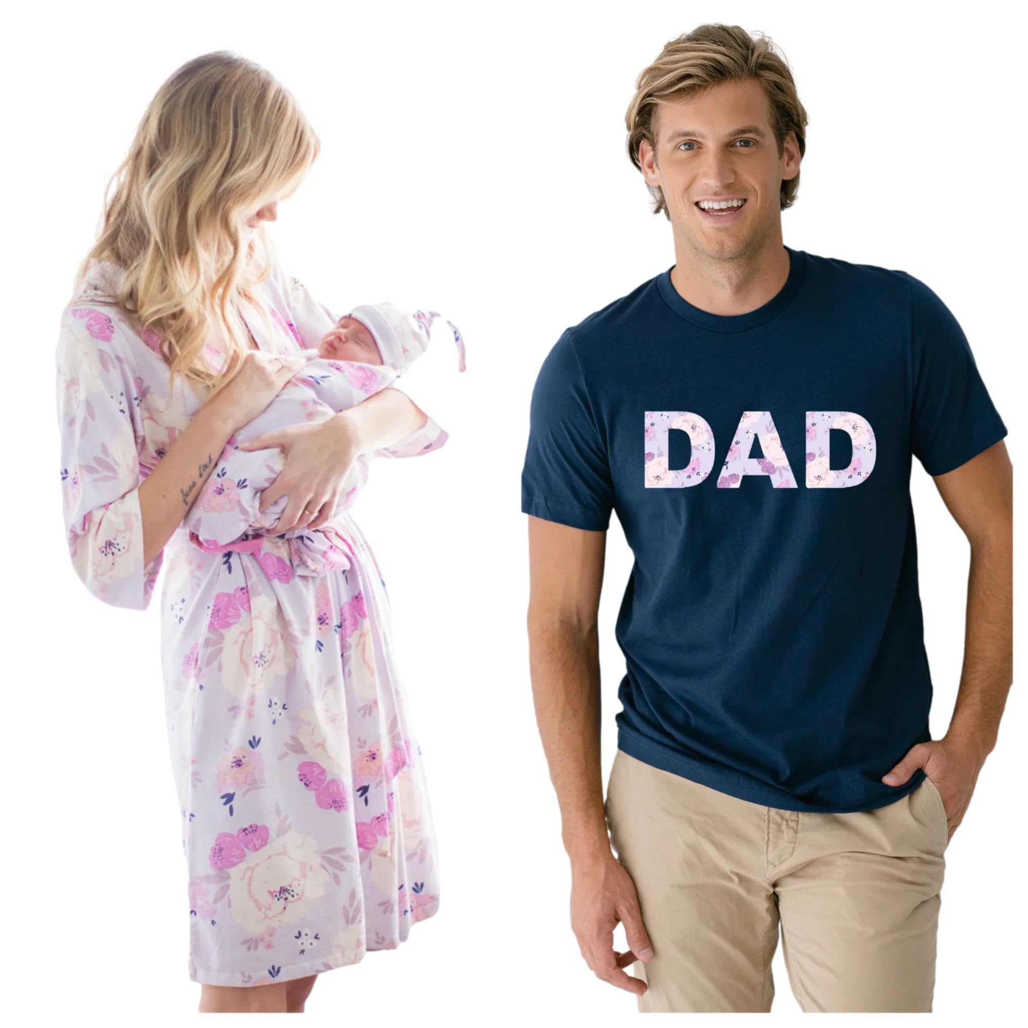 Baby Be Mine Maternity Nursing Robe, Baby Girl Swaddle Blanket & Daddy T-Shirt Set | Soft Delivery & Nursing Gown, Newborn Swaddle Wrap, Matching Family Outfits for Hospital Birth, Baby Shower Gift