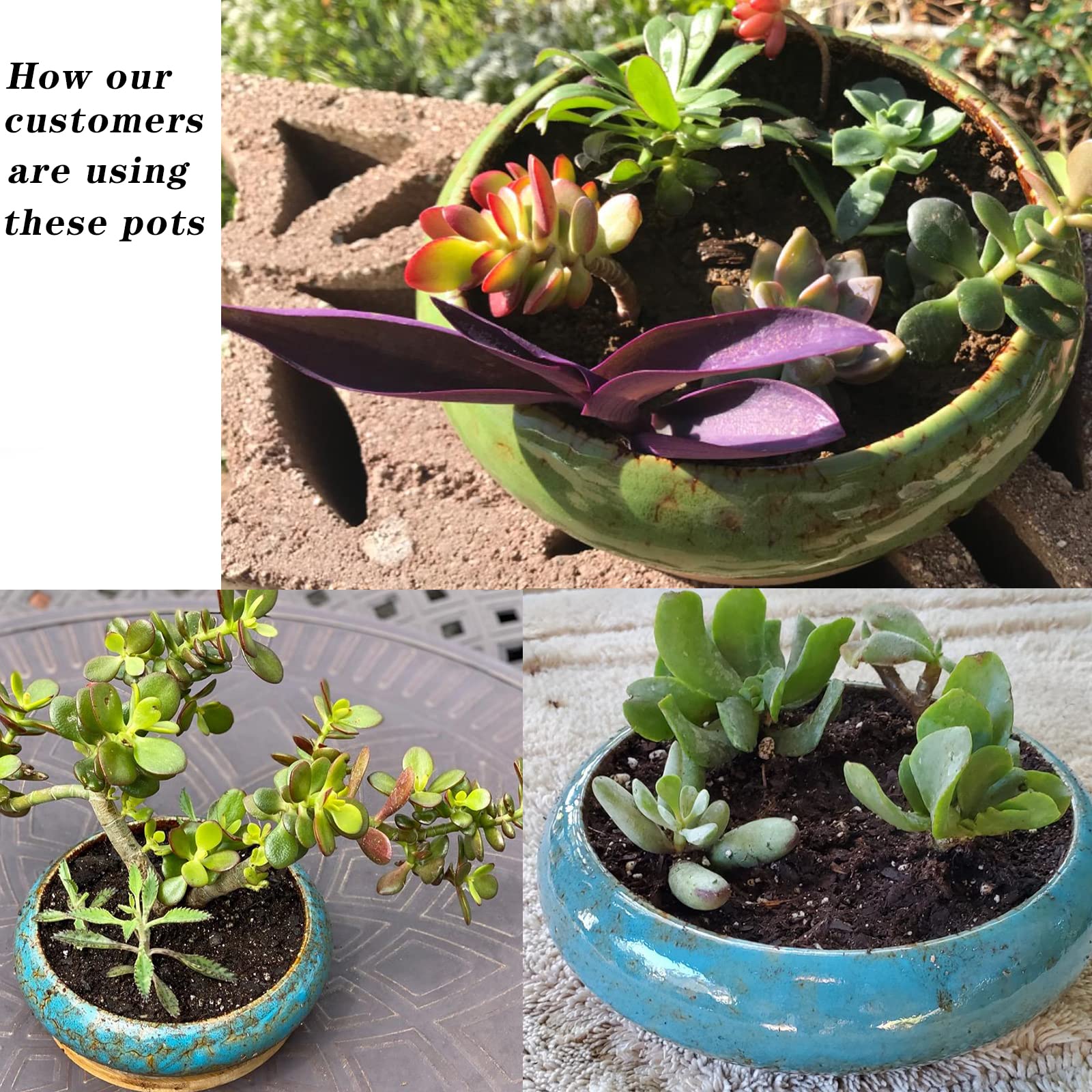 ARTKETTY 7.3-10 Inch Ceramic Succulent Pots Set of 2 - Large Glazed Bonsai Planters with Drainage Tray for Indoor Cactus, Flowers & Plants | Perfect for Home Decor, Office Desk & Garden Display
