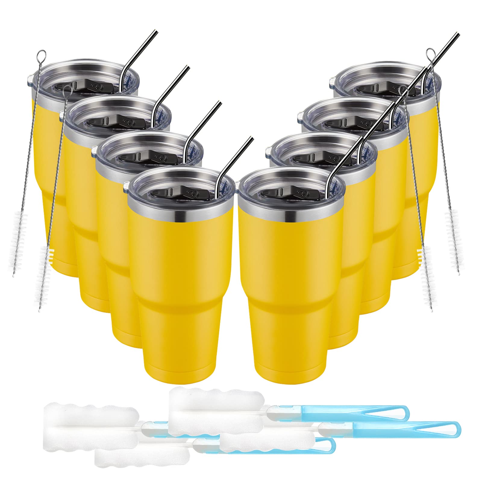 30oz Stainless Steel Tumbler with Lid & Straw - 8 Pack Bulk Insulated Coffee Cups, Double Wall Vacuum Travel Mug for Hot & Cold Drinks - Perfect for Office, Gym, Camping & Outdoor Activities - Yellow