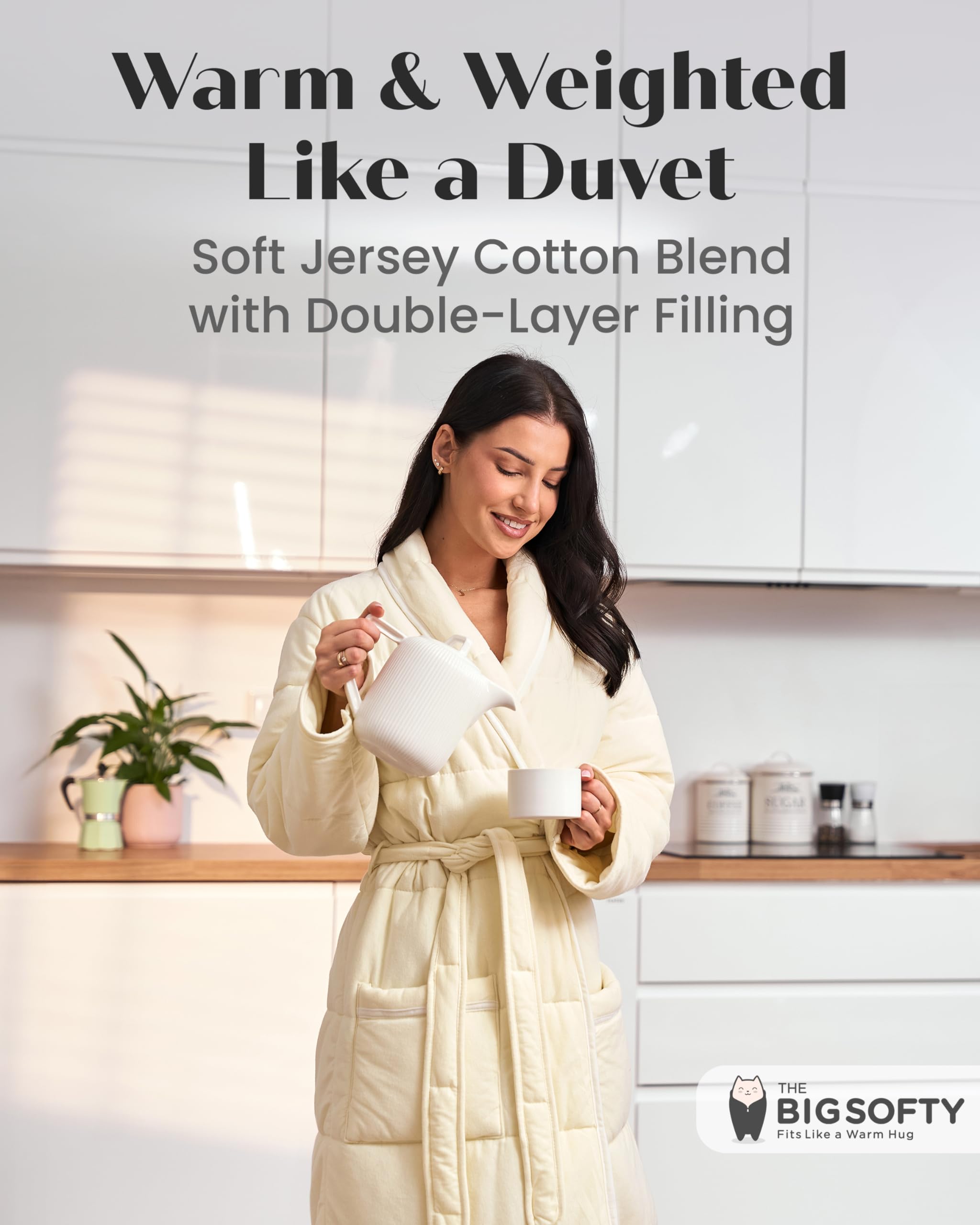 Luxury Quilted Spa Bathrobe for Women - Soft Jersey Cotton Weighted Hotel Robe - Long Padded Duvet Bathrobe for Relaxation, Lounging & Spa Days
