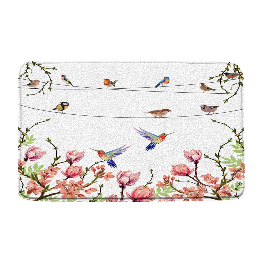Hummingbird Floral Bath Mat - Watercolor Bird & Spring Flower Design - Non-Slip Bathroom Rug for Girls - Nature Garden Decor for Bedroom, Kitchen & Entryway - Perfect for Bathrooms, Nursery & Boho Home Decor