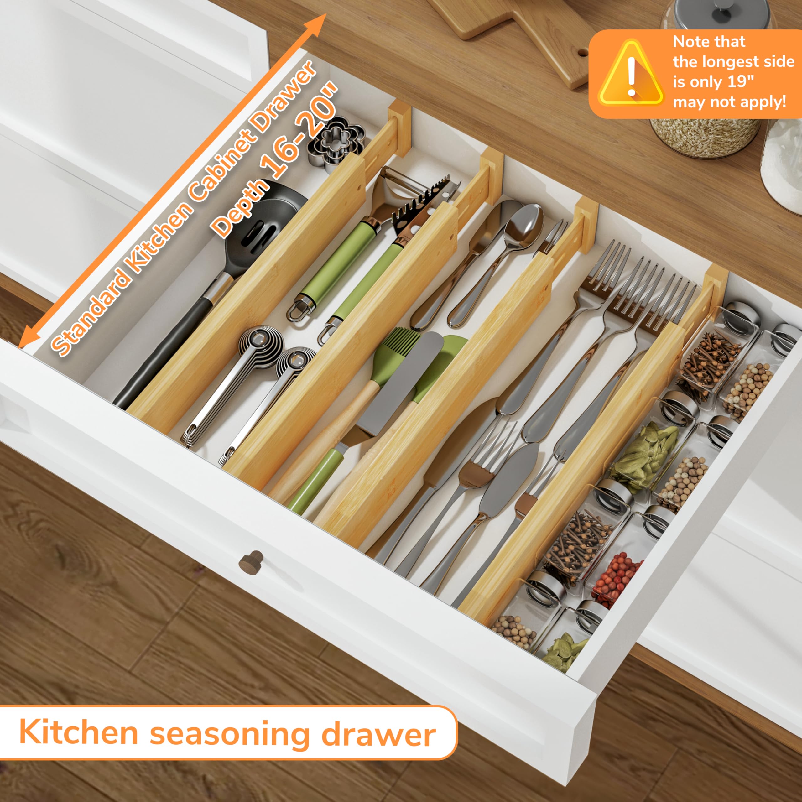 Expandable Bamboo Drawer Dividers - Adjustable Kitchen Utensil Organizer for Knives, Forks & Tools | 4-Pack Drawer Organizers for Clothes, Fabric & Accessories | Perfect for Kitchen, Bathroom, Bedroom & Office Storage Solutions