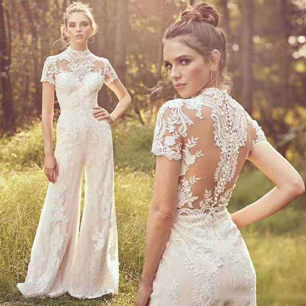 CY High Neck Short Sleeve Lace Appliqued Boho Bridal Jumpsuit - Beach Wedding Dress for Bride, Outdoor Ceremony & Photoshoot