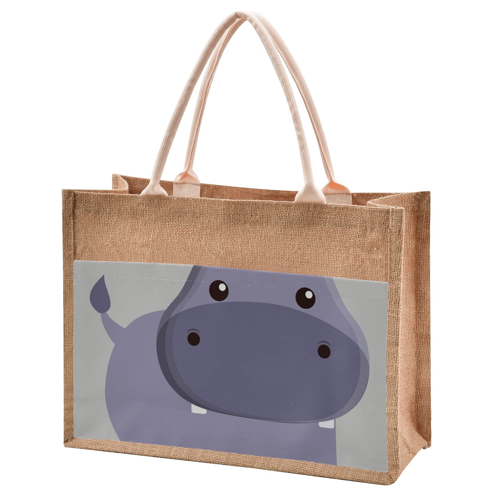Eco-Friendly Jute Tote Bag with Zippered Pocket - Natural Burlap Beach Bag with Sturdy Handles - Perfect Bridesmaid Gift, Hippo Animal Design for Shopping, Travel & Beach Outings