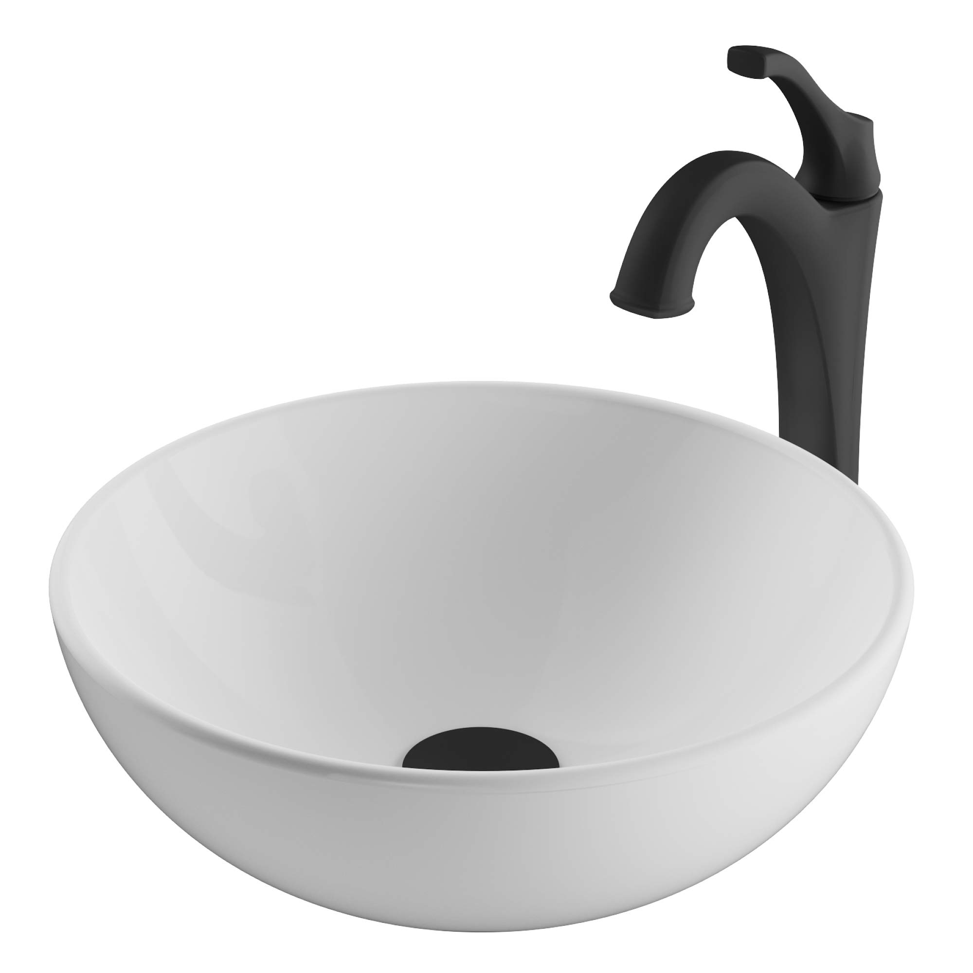 KRAUS Elavo 14-inch Round White Porcelain Ceramic Bathroom Vessel Sink with Matte Black Arlo Faucet & Pop-Up Drain Combo Set | Modern Vanity Sink for Powder Room, Guest Bath, or Master Bathroom (Model C-KCV-341-1200MB)