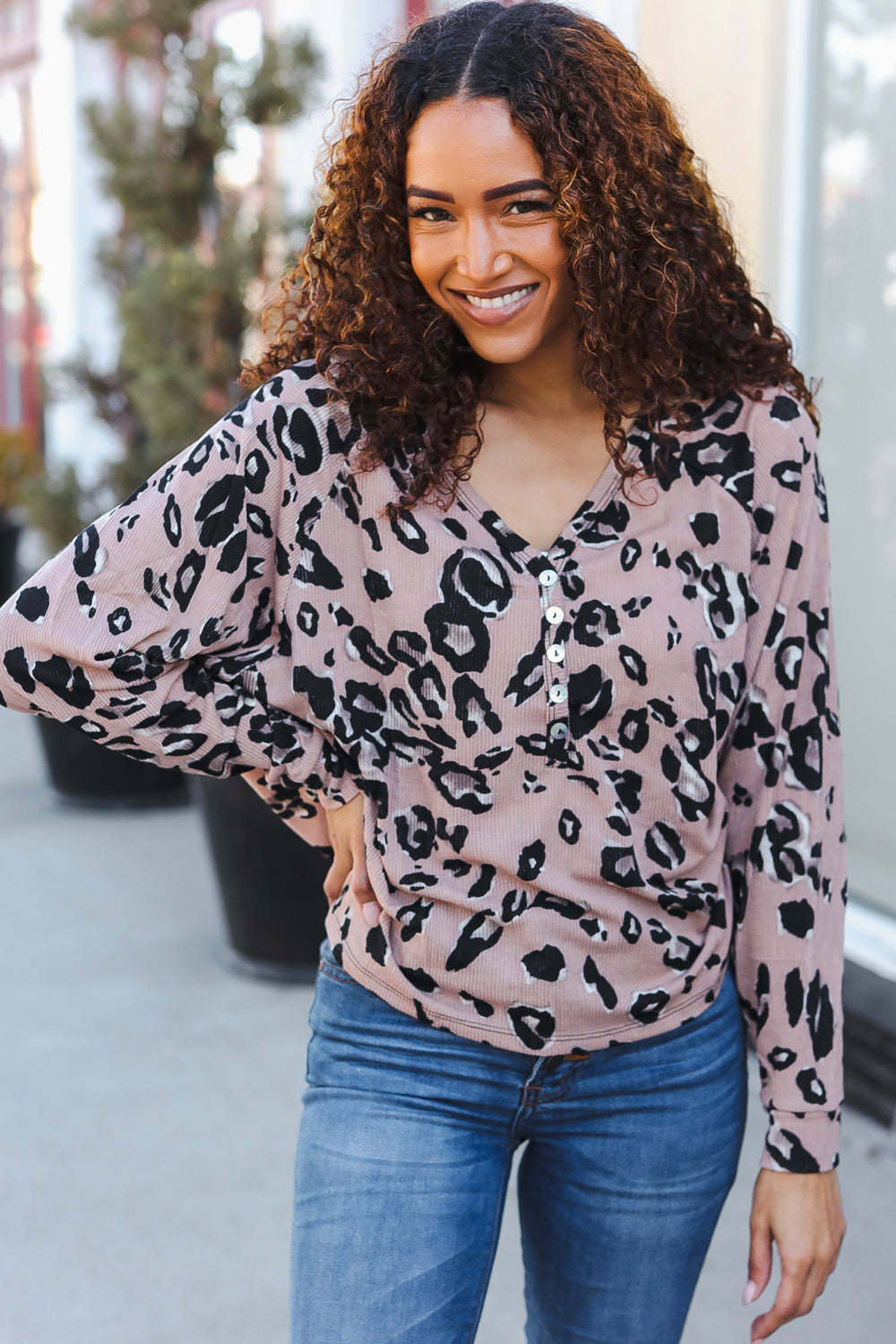 Be Bold Beige Rib Animal Print Button Front Dolman Pullover Sweater - Trendy Casual Wear for Women, Perfect for Office, Date Night & Fall Outfits