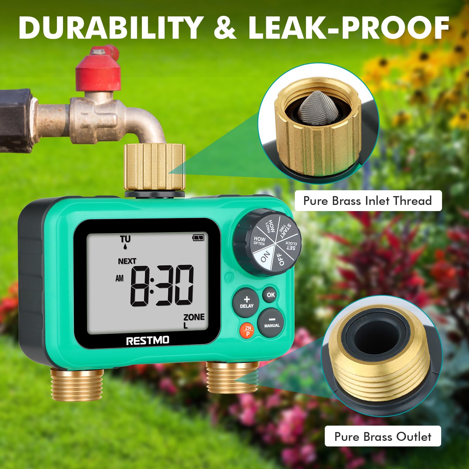 RESTMO Sprinkler Timer with Brass Inlet & Outlet - 2 Zone Programmable Garden Hose Water Timer with 3 Separate Programs | Manual/Rain Delay/Automatic Watering for Drip Irrigation, Lawn & Outdoor Plants | Perfect for Backyard, Garden & Landscape Watering Systems