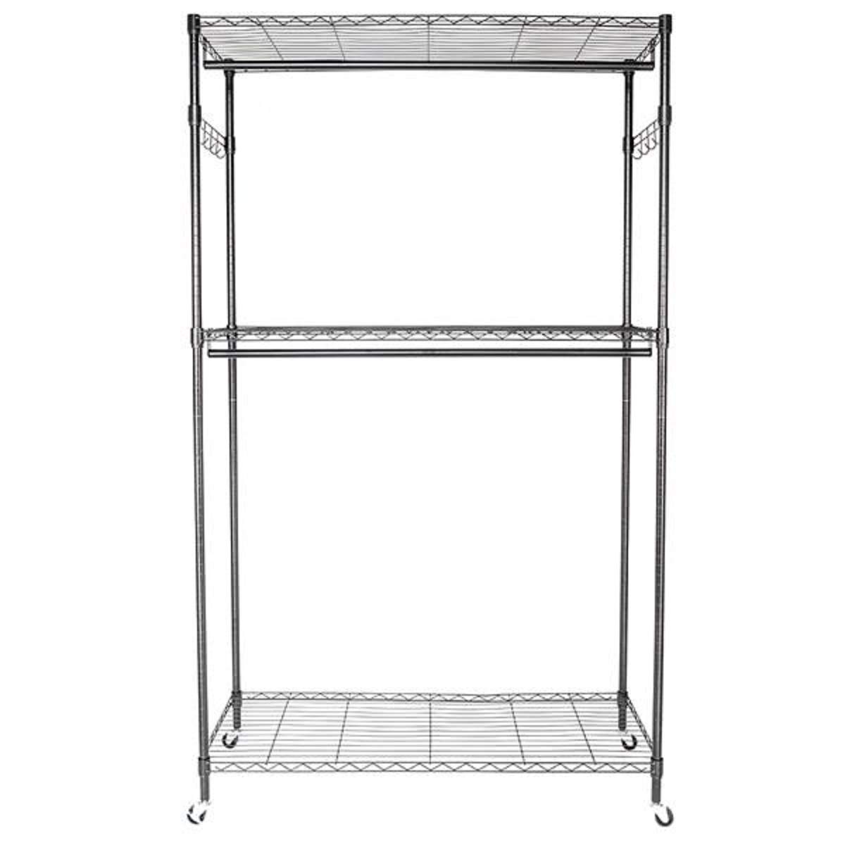 Heavy Duty 3-Tier Double Rod Garment Rack with Lockable Wheels & Side Hooks - Sturdy Clothes Organizer for Closet, Bedroom, or Laundry Room Storage - Perfect for Hanging Clothes, Drying Laundry & Space-Saving Wardrobe Organization