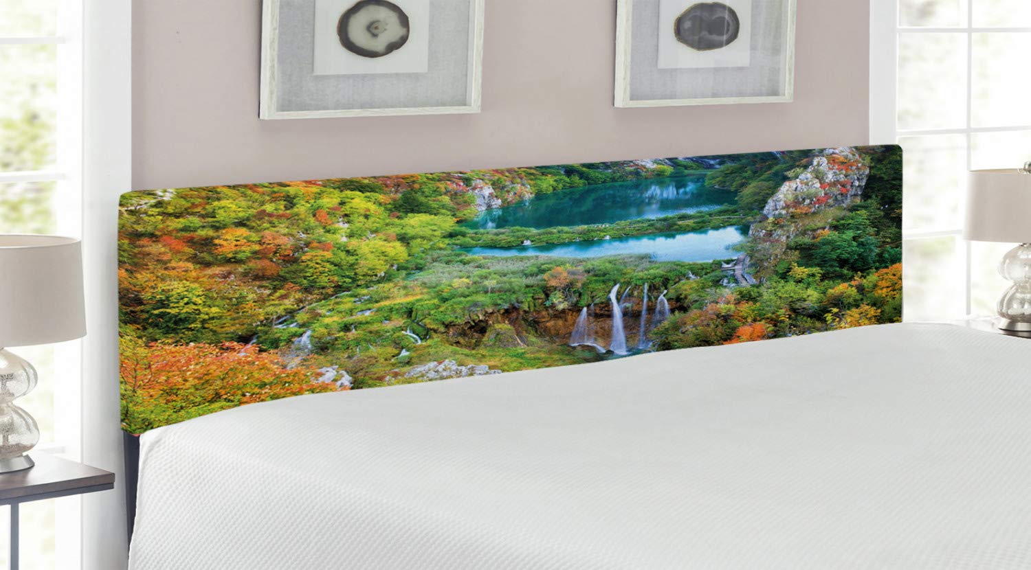 Ambesonne King Size Upholstered Headboard - Scenic Fall Valley in Plitvice Lakes National Park Croatia, Decorative Metal Bed Headboard with Memory Foam in Green Blue Orange | Perfect for Fall Bedroom Decor & Seasonal Home Styling