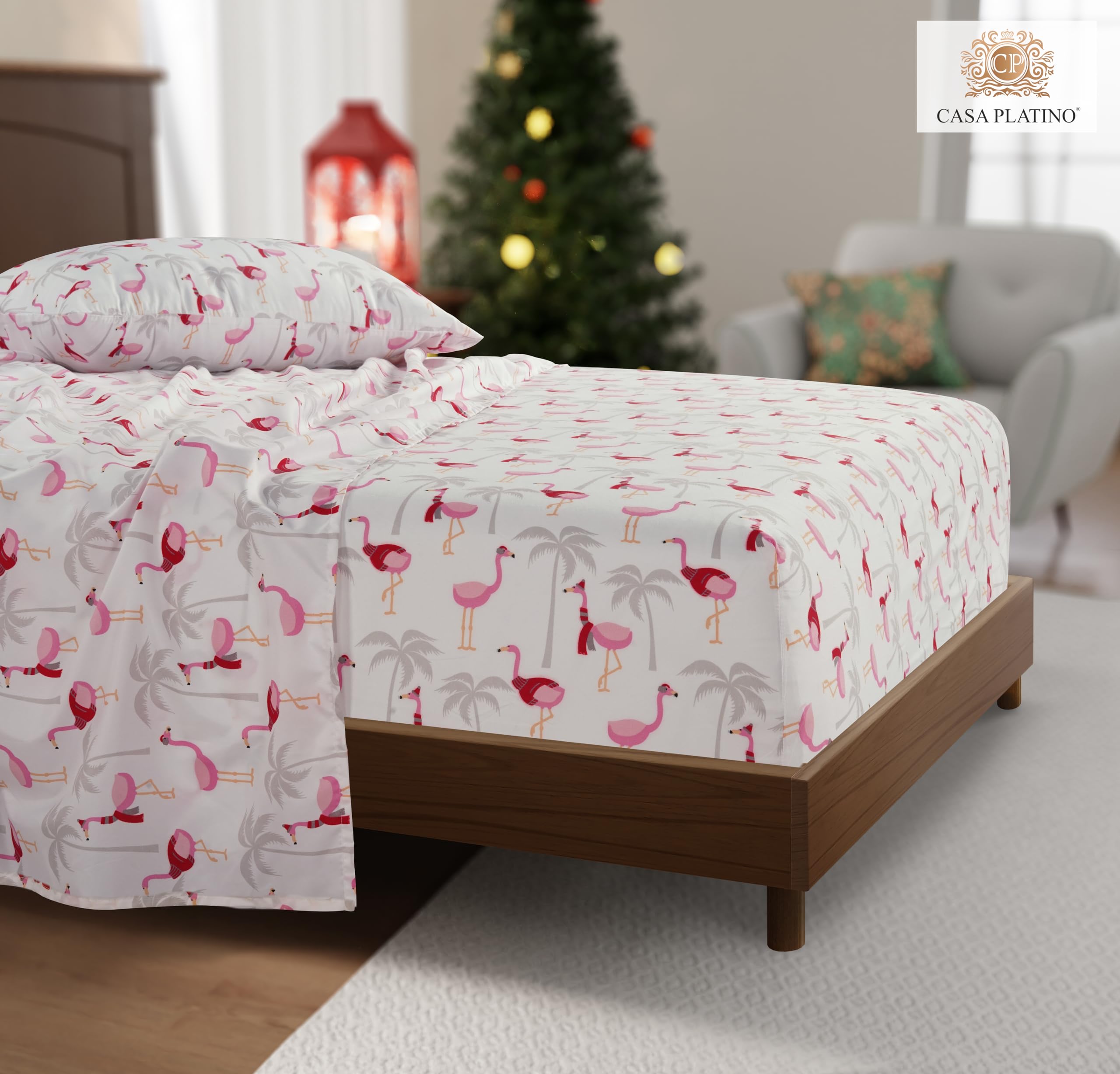 Premium Casa Platino Twin Size Bedding Set - Ultra Soft Brushed Microfiber Sheets & Pillowcases, Breathable & Cozy for All Seasons | Perfect for Guest Rooms, Dorms, and Vacation Homes - Flamingo Holiday Design