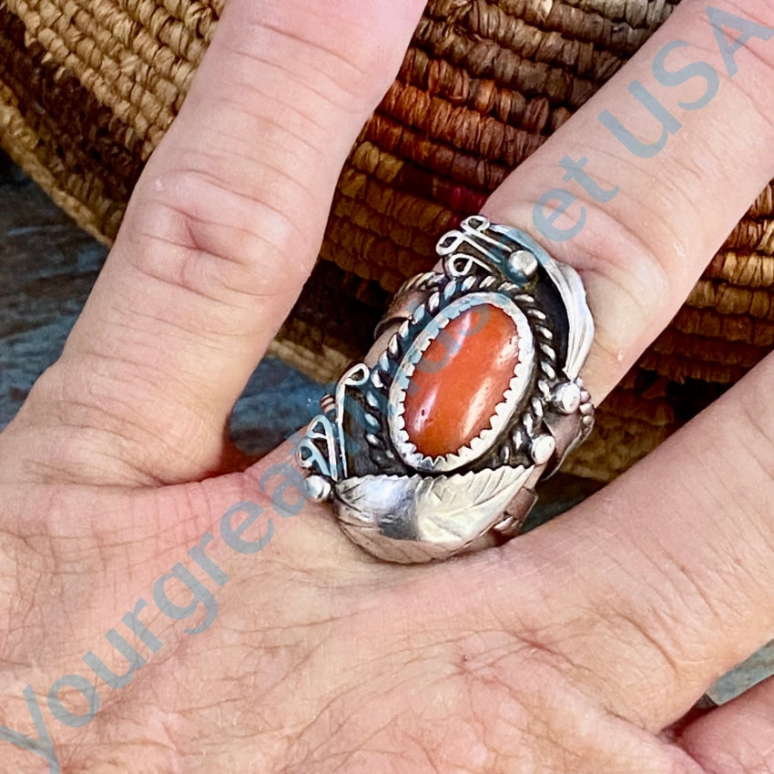 Authentic Navajo One Feather Red Coral Ring - Size 6.5 for Women | Handmade Native American Jewelry | Perfect for Boho Fashion, Weddings & Special Occasions