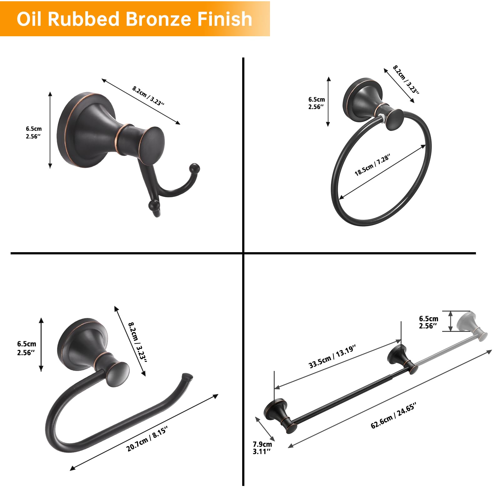 Hoimpro Oil Rubbed Bronze 4-Piece Bathroom Accessory Set - Adjustable Wall Mount Towel Bar Rack, Towel Ring, Toilet Paper Holder & Double Hooks - Perfect for Bathroom, Powder Room & Spa Decor