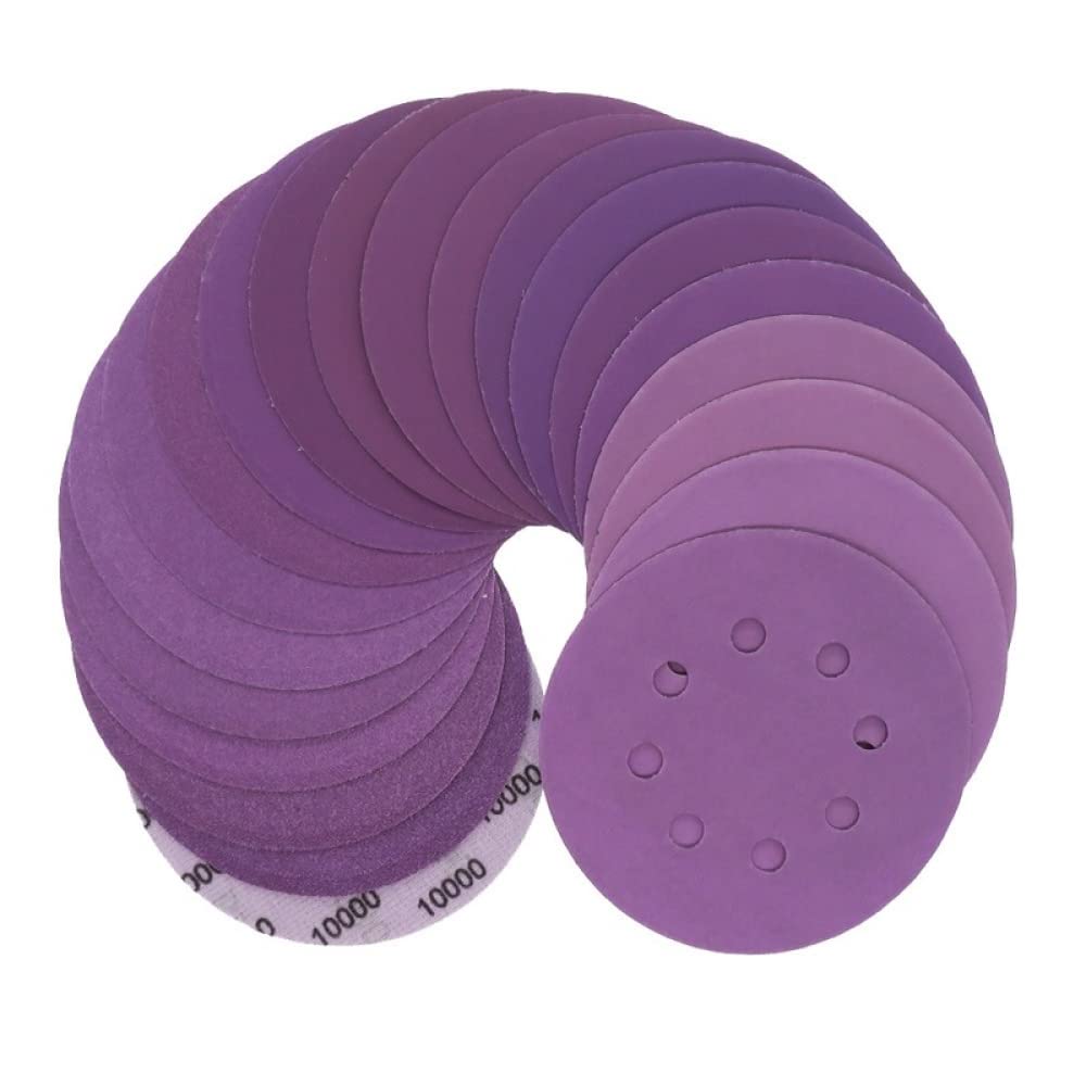 100Pcs 125mm (5 Inch) Wet & Dry Sandpaper Discs with 8 Holes - 60 to 10000 Grit for Wood, Metal & Auto Polishing - Purple Sanding Pads for Orbital Sanders & DIY Projects