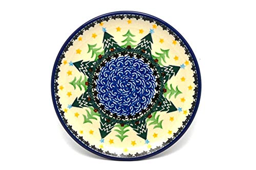 Handmade Polish Pottery Bread & Butter Plate (6.25 Inch) - Christmas Tree Design - Durable Stoneware for Holiday Dining & Gift Giving