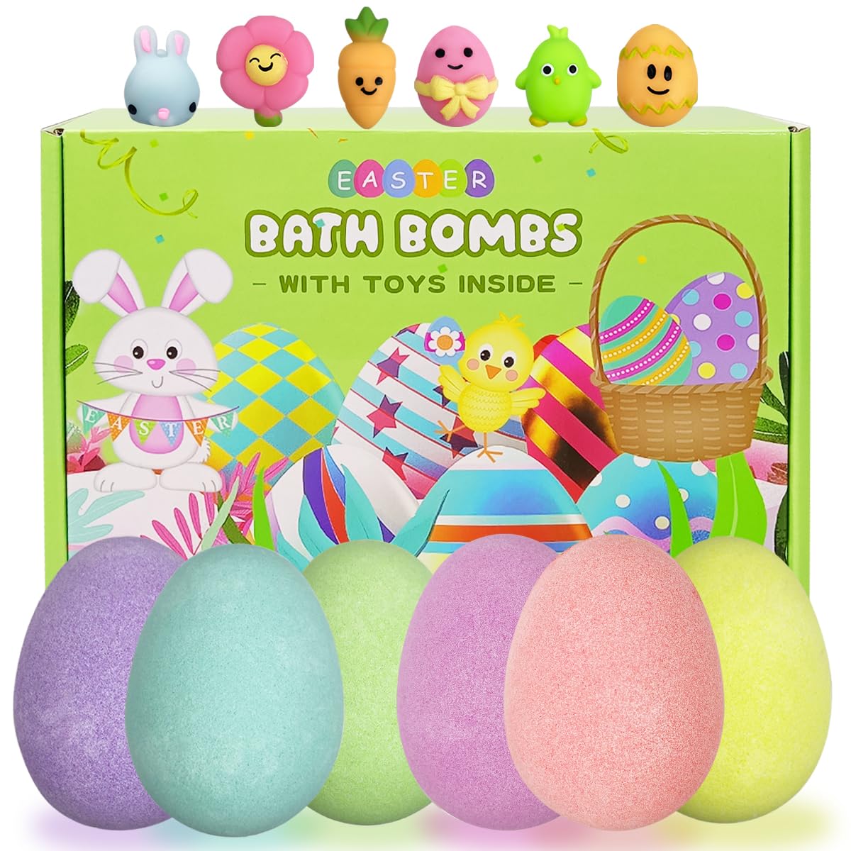 Jofan 6-Pack Easter Bubble Bath Bombs with Surprise Squishy Toys Inside - Fun Easter Gifts for Kids, Girls & Boys - Perfect for Easter Basket Stuffers, Bath Time Play & Holiday Celebrations
