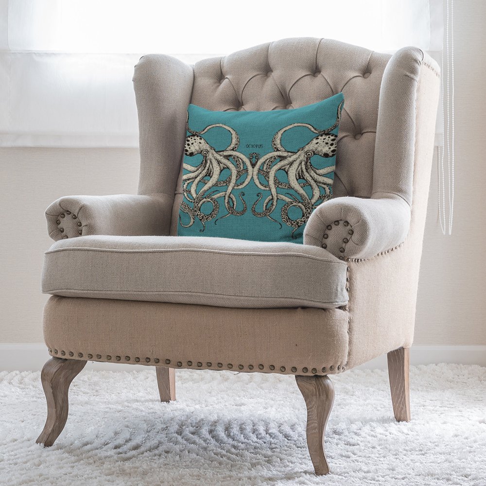 Octopus Throw Pillow Cover 18x18 Inch - Soft Cotton Linen Decorative Cushion Case for Sofa, Bed & Home Decor - Blue Ocean Animal Theme - Perfect for Living Room, Nursery & Coastal Style Bedrooms