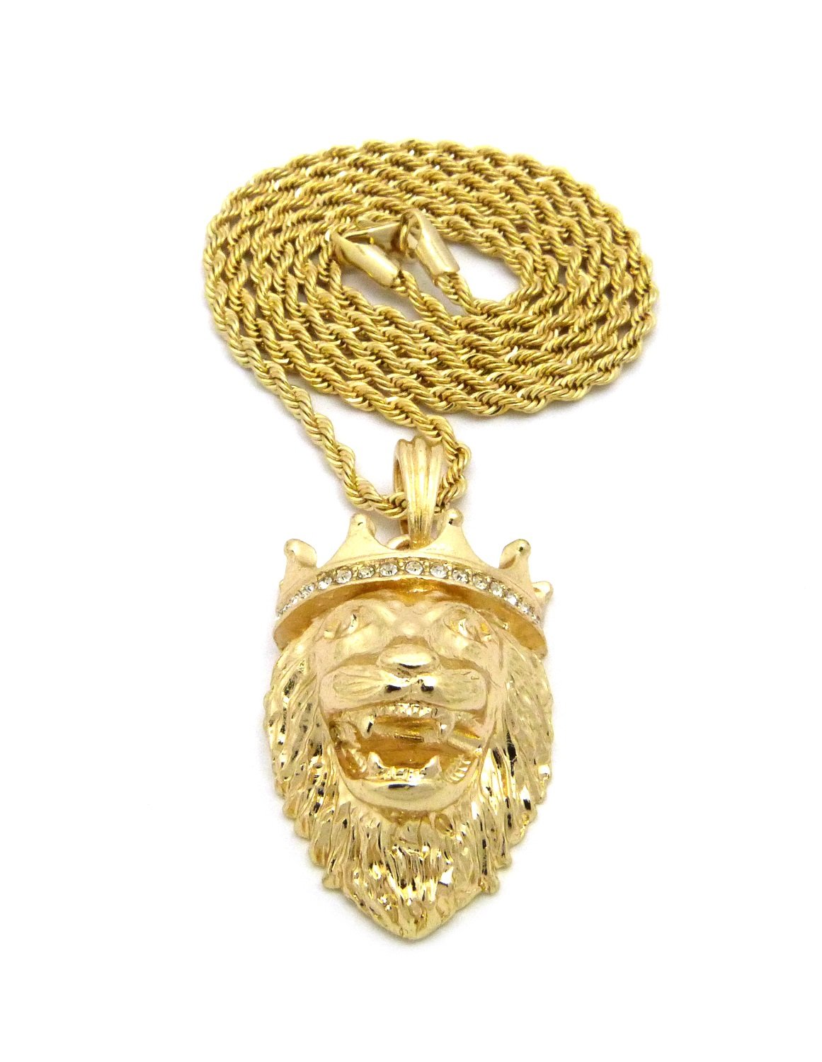 Iced Out Micro King Crown Roaring Lion Pendant Necklace - 2mm 24
