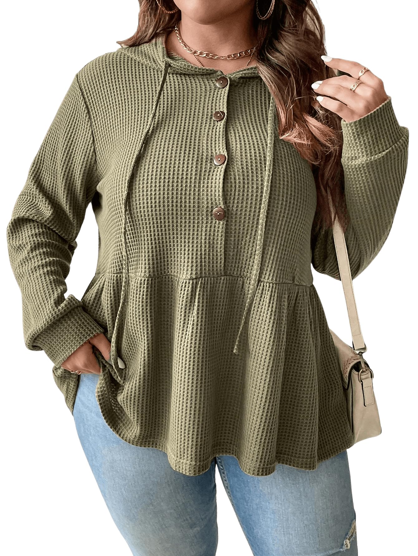 SweatyRocks Women's Plus Size Waffle Knit Ruffle Hem Hoodie - Button Front Drawstring Pullover for Casual Wear & Loungewear