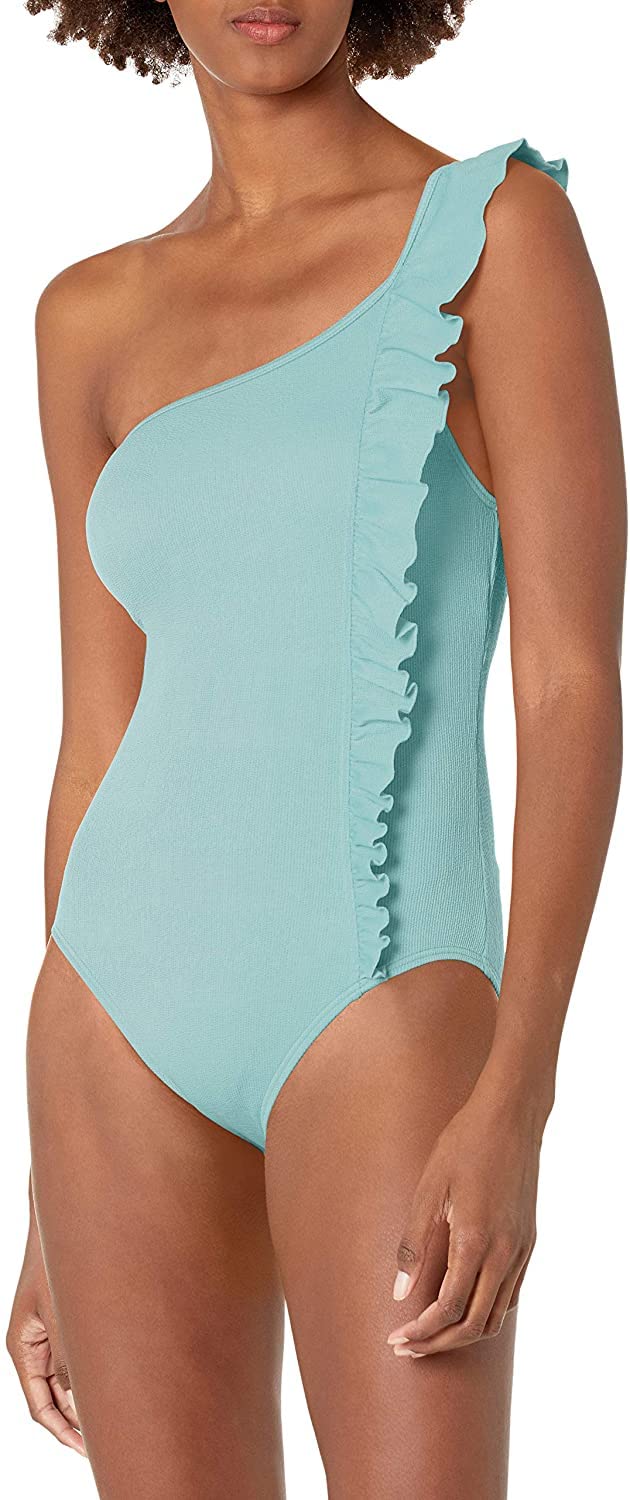 Vince Camuto Women's Ruffle Shoulder One Piece Swimsuit - Sexy Ruffled Monokini for Beach, Pool & Vacation | Plus Size Swimwear for Women