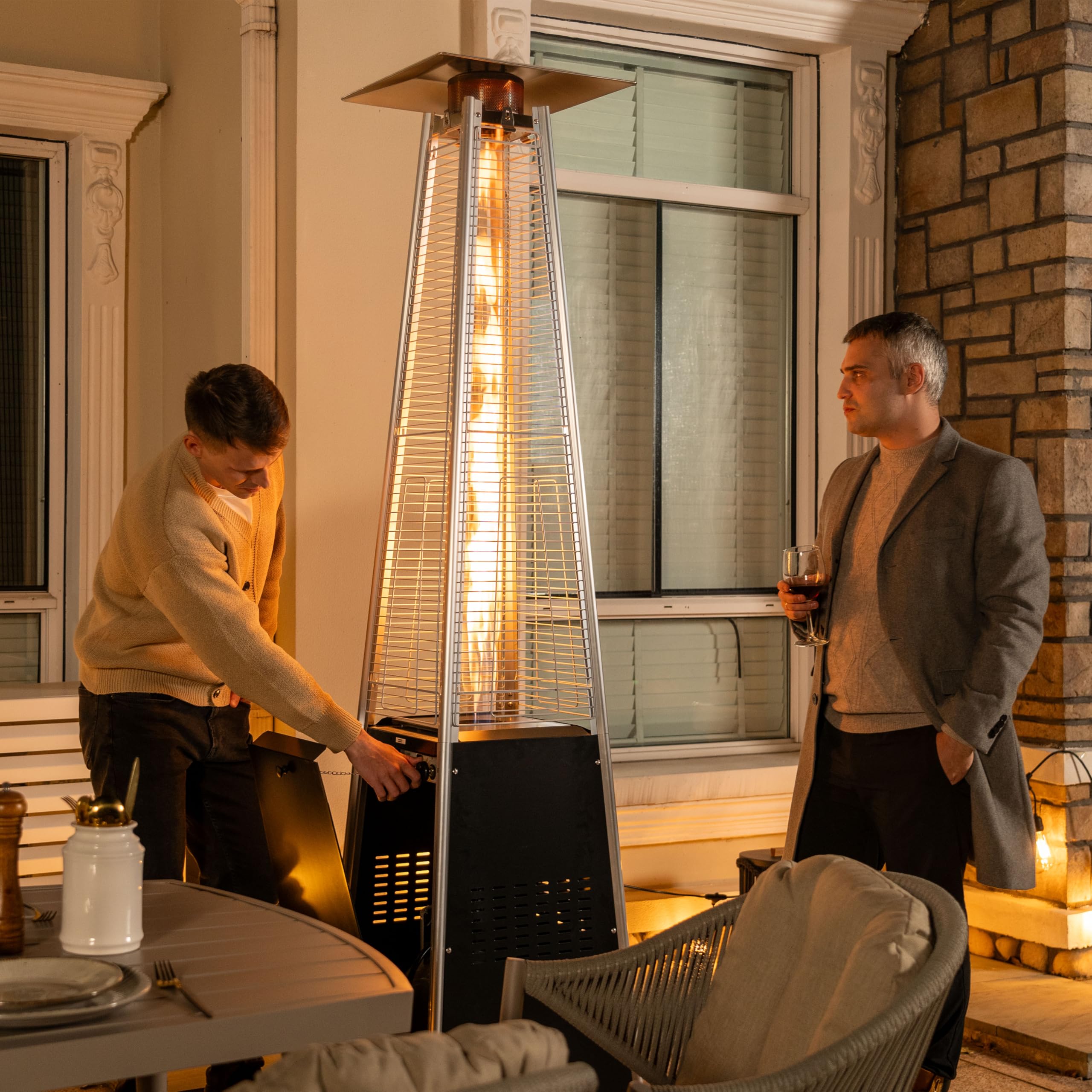 Nuu Garden 48,000 BTU Outdoor Propane Patio Heater with Wheels - Hammered Bronze Pyramid Tower Heater with Quartz Glass Tube - Black - Perfect for Backyard, Deck, Restaurant & Outdoor Dining Areas