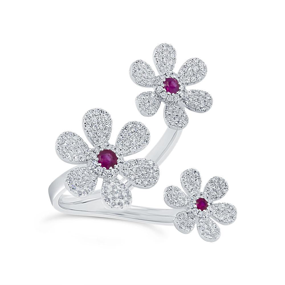 14Kt Gold 0.66 CTW Ruby & Diamond Pavé 3 Flower Ring for Women - Elegant Floral Jewelry Gift for Anniversary, Valentine's Day & Special Occasions